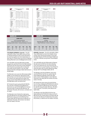 2019-20 LADY BUFF BASKETBALL GAME NOTES
GAME INFO
at UC-Colorado Springs
Friday, November 8th - 6:30 p.m. CT
Gallogly Events Center - Colorado Springs, Colorado
COLORADO SPRINGS, Colorado - The #12
Lady Buffs of West Texas A&M came out firing
in Colorado Springs as they scored 30 points in
the opening quarter and never looked back on
their way to a 75-50 victory over the UC-Colorado
Springs Mountain Lions at Gallogly Events Center.
The Lady Buffs were led offensively by Abby
Spurgin who went 8-of-12 from the field including
4-of-5 from the free throw line to lead all players
with 20 points to go along with six rebounds,
one assists and four blocks in the win while
Delaney Nix (15) and Braylyn Dollar (13) finished in
double-digits.
The Mountain Lions were led offensively by Madi
Gaibler as she finished the night going 5-of-8
from the floor and 1-of-2 from the free throw line
for 11 points to go along with two assists, two
blocks and two steals followed by Eliza de Vera
dnd Ellie Moore with nine points each.
WT finished the game going 29-of-57 (50.9%)
from the floor including 5-of-13 (38.5%) from
behind the arc and 12-of-20 (60%) from the free
throw line with 47 rebounds (18 offensive, 29
defensive), 19 assists, 20 turnovers, six blocks and
six steals.
The Mountain Lions finished the night going
20-of-55 (36.4%) from the field including 7-of-15
(46.7%) from deep and 3-of-4 (75%) from the
charity stripe with 19 rebounds (six offensive, 13
defensive), 14 assists, 20 turnovers, five blocks
and nine steals in the loss.
Team	 1st	 2nd 	 3rd	 4th	 Tot.	 Rec.
WT	 30	 19	 15	 11	 75	2-2
UCCS	15	 7	 12	 16	 50	0-1
GAME #4
Official Basketball Box Score -- Game Totals -- Final Statistics
West Texas A&M vs UC-Colo. Springs
11/08/19 5:30 pm at
West Texas A&M 75 • 2-2,0-0 Lone Sta
Total 3-Ptr Rebounds
## Player FG-FGA FG-FGA FT-FTA Off Def Tot PF TP A TO Blk Stl Min
20 Tiana Parker f 3-7 0-0 0-2 2 6 8 2 6 2 4 1 1 19
40 Mary Rose Foster f 1-3 0-0 0-0 2 3 5 2 2 1 2 0 0 17
03 Megan Gamble g 1-1 0-0 0-0 0 2 2 2 2 1 0 0 1 15
10 Delaney Nix g 6-9 3-6 0-0 0 1 1 0 15 2 4 0 0 20
11 Nathalie Linden g 2-8 1-3 0-0 2 0 2 0 5 2 2 0 0 20
02 Asha Scott 0-0 0-0 0-0 1 2 3 1 0 0 1 0 0 13
05 McKauley Gregory 0-0 0-0 0-0 0 0 0 1 0 0 0 0 0 5
12 Sienna Lenz 2-4 0-2 1-2 1 4 5 1 5 2 2 0 0 19
21 Daria Cosgrove 3-7 1-2 0-0 2 2 4 1 7 4 5 0 3 29
23 Braylyn Dollar 3-6 0-0 7-11 1 4 5 1 13 4 0 1 1 25
34 Abby Spurgin 8-12 0-0 4-5 4 2 6 1 20 1 0 4 0 18
Team 3 3 6
Totals 29-57 5-13 12-20 18 29 47 12 75 19 20 6 6 200
1st - FG %: 12-17 70.6%
3FG %: 4-5 80.0%
FT %: 2-4 50.0%
2nd: 7-12 58.3%
0-2 0.0%
5-9 55.6%
3rd: 6-16 37.5%
1-4 25.0%
2-3 66.7%
4th: 4-12 33.3%
0-2 0.0%
3-4 75.0%
Game: 29-57 50.9%
5-13 38.5%
12-20 60.0%
Deadball
Rebounds
5
UC-Colo. Springs 50 • 0-1,0-0 RMAC
Total 3-Ptr Rebounds
## Player FG-FGA FG-FGA FT-FTA Off Def Tot PF TP A TO Blk Stl Min
00 Makenna Baker g 3-8 1-2 0-0 0 2 2 2 7 1 5 1 3 21
13 Anna Davern g 2-8 0-0 0-0 0 0 0 2 4 1 1 0 1 14
21 Madi Gaibler g 5-8 0-0 1-2 0 0 0 4 11 2 0 2 2 22
23 Abby Feickert g 1-3 1-2 2-2 1 0 1 2 5 2 2 0 0 18
44 Tatum Tellin g 1-5 0-1 0-0 0 3 3 2 2 0 2 0 0 18
03 Chelsea Pearson 0-5 0-4 0-0 0 2 2 0 0 1 1 0 2 29
05 Desiree Pierson 1-3 1-1 0-0 0 2 2 2 3 2 2 0 0 19
10 Eliza de Vera 3-6 3-3 0-0 0 1 1 2 9 4 3 1 0 23
11 Maddie Golla 0-1 0-1 0-0 0 0 0 0 0 0 1 0 0 3
14 Ellie Moore 4-7 1-1 0-0 1 0 1 4 9 1 2 1 0 27
34 Madison Lord 0-1 0-0 0-0 0 2 2 1 0 0 1 0 1 6
Team 4 1 5
Totals 20-55 7-15 3-4 6 13 19 21 50 14 20 5 9 200
1st - FG %: 7-12 58.3%
3FG %: 1-1 100.0%
FT %: 0-0 0.0%
2nd: 3-16 18.8%
1-4 25.0%
0-0 0.0%
3rd: 5-15 33.3%
2-5 40.0%
0-0 0.0%
4th: 5-12 41.7%
3-5 60.0%
3-4 75.0%
Game: 20-55 36.4%
7-15 46.7%
3-4 75.0%
Deadball
Rebounds
1
Officials:
Technical fouls: West Texas A&M-Mary Rose Foster; Tiana Parker. UC-Colo.
Springs-None.
Attendance: 123
2019-20 Women's Basketball. Round: 0. UC-Colo. Springs vs West Tex. A&M. Playe
Score by periods 1st 2nd 3rd 4th Total
West Texas A&M 30 19 15 11 75
UC-Colo.Springs 15 7 12 16 50
GAME INFO
at Regis
Saturday, November 9th - 7:00 p.m. CT
Regis Fieldhouse - Denver, Colorado
DENVER, Colorado - The #12 Lady Buffs of West
Texas A&M picked up their third straight victory
as they used a big second quarter to race past
the Regis Rangers, 64-44 at the Regis Fieldhouse
in Denver, Colorado during South Central Region
action.
The Lady Buffs were led offensively by Delaney
Nix who went 5-of-10 from the floor including
2-of-7 from behind the arc and 3-of-4 from the
free throw line to score 15 points, Tiana Parker fin-
ished the game with 12 points followed by Abby
Spurgin with 11 and Braylyn Dollar with 10.
The Rangers were led by Whitney Jacob who
went 8-of-18 from the floor for a game-high 16
points followed by Morgan Smith with eight
points, Gracie O’Neill grabbed a team-high five
rebounds to go along with two assists and three
steals in the loss.
WT finished the game going 22-of-42 (52.4%)
from the floor including 2-of-10 (20%) from behind
the arc and 18-of-27 (66.7%) from the free throw
line with 36 rebounds (eight offensive, 28 defen-
sive), 14 assists, 17 turnovers, three blocks and
eight steals.
The Rangers went 19-of-59 (32.2%) from the
field including 0-of-17 (0%) from deep and 6-of-7
(85.7%) from the charity stripe to go along with 28
rebounds (12 offensive, 16 defensive), five assists,
16 turnovers, no blocks and nine steals in the loss.
Team	 1st	 2nd 	 3rd	 4th	 Tot.	 Rec.
WT	 13	 20	 16	 15	 64	3-2
RU	 15	 7	 10	12	44	1-1
GAME #5
Official Basketball Box Score -- Game Totals -- Final Statistics
West Texas A&M vs Regis (CO)
11/09/19 6:00 pm at
West Texas A&M 64 • 3-2,0-0 Lone Sta
Total 3-Ptr Rebounds
## Player FG-FGA FG-FGA FT-FTA Off Def Tot PF TP A TO Blk Stl Min
20 Tiana Parker f 6-8 0-0 0-0 0 2 2 2 12 0 1 0 0 11
40 Mary Rose Foster f 0-0 0-0 2-2 1 1 2 3 2 1 3 2 1 21
03 Megan Gamble g 1-2 0-1 2-6 0 2 2 0 4 1 2 0 0 27
10 Delaney Nix g 5-10 2-7 3-4 0 6 6 1 15 4 1 0 1 31
11 Nathalie Linden g 1-2 0-0 1-2 2 3 5 2 3 3 1 1 3 24
02 Asha Scott 0-1 0-0 0-0 0 0 0 0 0 0 0 0 0 2
05 McKauley Gregory 0-0 0-0 0-0 0 0 0 0 0 0 0 0 0 2
12 Sienna Lenz 1-2 0-0 2-4 1 2 3 3 4 0 3 0 0 17
21 Daria Cosgrove 0-1 0-1 3-4 1 3 4 0 3 2 0 0 2 18
23 Braylyn Dollar 4-7 0-1 2-2 0 2 2 4 10 0 3 0 1 25
34 Abby Spurgin 4-9 0-0 3-3 1 3 4 1 11 3 3 0 0 22
Team 2 4 6
Totals 22-42 2-10 18-27 8 28 36 16 64 14 17 3 8 200
1st - FG %: 4-9 44.4%
3FG %: 0-0 0.0%
FT %: 5-7 71.4%
2nd: 7-13 53.8%
2-6 33.3%
4-6 66.7%
3rd: 6-8 75.0%
0-1 0.0%
4-6 66.7%
4th: 5-12 41.7%
0-3 0.0%
5-8 62.5%
Game: 22-42 52.4%
2-10 20.0%
18-27 66.7%
Deadball
Rebounds
4,1
Regis (CO) 44 • 1-1,0-0 RMAC
Total 3-Ptr Rebounds
## Player FG-FGA FG-FGA FT-FTA Off Def Tot PF TP A TO Blk Stl Min
22 Whitney Jacob f 8-18 0-2 0-0 0 3 3 4 16 1 1 0 1 31
32 Grace O'Neill f 2-5 0-2 0-0 2 3 5 2 4 2 2 0 3 28
30 Jaz'Myne Snipes c 0-2 0-1 0-0 0 0 0 2 0 0 3 0 0 17
21 Emma Sterkel g 2-9 0-4 0-0 0 2 2 5 4 1 4 0 2 26
33 Tashika Burrell g 3-9 0-2 0-0 1 0 1 3 6 0 0 0 1 27
04 Sydney Daniels 1-2 0-0 0-0 1 0 1 1 2 0 2 0 0 7
11 Morgan Smith 2-5 0-0 4-5 1 2 3 3 8 1 0 0 0 22
24 Kali Murrell 1-6 0-3 2-2 2 2 4 2 4 0 4 0 2 20
25 Morgan Smith 0-3 0-3 0-0 0 4 4 2 0 0 0 0 0 22
Team 5 0 5
Totals 19-59 0-17 6-7 12 16 28 24 44 5 16 0 9 200
1st - FG %: 7-15 46.7%
3FG %: 0-5 0.0%
FT %: 1-1 100.0%
2nd: 2-12 16.7%
0-3 0.0%
3-4 75.0%
3rd: 5-14 35.7%
0-4 0.0%
0-0 0.0%
4th: 5-18 27.8%
0-5 0.0%
2-2 100.0%
Game: 19-59 32.2%
0-17 0.0%
6-7 85.7%
Deadball
Rebounds
0,1
Officials: Deane Riedel,Evan Sharples,Jessica Fortner
Technical fouls: West Texas A&M-None. Regis (CO)-Emma Sterkel.
Attendance: 123
2019-20 Women's Basketball. Round: 0. Regis (CO) vs West Tex. A&M. Played at R
Score by periods 1st 2nd 3rd 4th Total
West Texas A&M 13 20 16 15 64
Regis (CO) 15 7 10 12 44
 