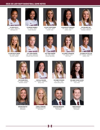2019-20 LADY BUFF BASKETBALL GAME NOTES
#2 ASHA SCOTT
5-8 | Guard | Sophomore
Washington, D.C.
#3 MEGAN GAMBLE
5-7 | Guard | Senior
Omaha, Nebraska
#4 LEXY HIGHTOWER
5-8 | Guard | Senior
Amarillo, Texas
#5 McKAULEY GREGORY
5-9 | Guard | Freshman
Lubbock, Texas
#10 DELANEY NIX
5-8 | Guard | Sophomore
Tahlequah, Oklahoma
#11 NATHALIE LINDEN
5-10 | Guard | Senior
Stockholm, Sweden
#20 TIANA PARKER
5-8 | Guard | Sophomore
Chilliwack, British Columbia
#20 TIANA PARKER
6-5 | Post | Senior
Chehalis, Washington
#21 DARIA COSGROVE
5-9 | Guard | Junior
Plano, Texas
#23 BRAYLYN DOLLAR
6-0 | Forward | Sophomore
Lubbock, Texas
#24 KLARA DOLK
5-11 | Guard | Freshman
Stockholm, Sweden
#30 ELLA FELKINS
6-2 | Forward | Sophomore
Spring, Texas
#34 ABBY SPURGIN
6-2 | Post | Junior
Fredericksburg, Texas
#40 MARY ROSE FOSTER
6-0 | Forward | Sophomore
Frisco, Texas
KRISTEN MATTIO
Head Coach
Fifth Season
CAMILLE PERKINS
Associate Head Coach
Sixth Season
KRISTIAN BRANSON
Assistant Coach
Third Season
WADE WHALEY
Student Coach
Third Season
 