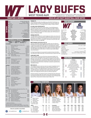 LADY BUFFSDirector of Digital Media & Creative Content / WBB Contact: Brent Seals
bseals@wtamu.edu | (O): 806-651-4442 | www.GoBuffsGo.com
2019-20 LADY BUFF BASKETBALL GAME NOTES
GAME#3
SCHEDULE/RESULTS
THE MATCHUP
THE SERIES
THE STATS
PROBABLE STARTERS
0-2 (0-0 LSC)
12th
Kristen Mattio
5th Season
112-25 (.818)
Dollar (11.5)
Dollar (6.5)
Gamble (4.0)
@LadyBuffHoops
GoBuffsGo.com
Record
WBCA Ranking
Head Coach
Experience
Record
Top Scorer
Top Rebounder
Top Assists
Twitter
Website
1-1 (0-0 NSIC)
NR
Rick Neumann
8th Season
107-98 (.522)
Askvig (24.0)
Askvig (6.5)
Rotunda (3.5)
@UMarySports
GoUMary.com
Overall (Streak):...................................................... WT Leads 1-0 (W1)
In Canyon:.................................................................................................
In Bismark:.................................................................................................
Neutral Site:............................................................ WT Leads 1-0 (W1)
Unknown Date/Site:................................................................................
Mattio vs. UMary:................................................................................1-0
Last Meeting:........................................November 4, 2016 (Orange)
Last WT Win:...........................November 4, 2016 (Orange / 51-42)
Last UMary Win:.......................................................................................
WT
51.0
72.0
-21.0
.389
.397
.290
.429
4.5
.559
40.0
+9.0
11.0
32.0
-17.5
3.5
4.0
Category
Scoring Offense
Scoring Defense
Scoring Margin
Field Goal Percentage
Field Goal Percentage Def.
3PT Field Goal Percentage
3PT Field Goal Percentage Def.
3-Pointers Per Game
Free Throw Percentage
Rebounds
Rebounding Margin
Assists
Turnovers
Turnover Margin
Steals
Blocks
UMary
74.0
62.5
+11.5
.434
.376
.302
.265
6.5
.793
37.5
-5.0
12.5
11.5
+5.0
7.0
4.0
WT 		 Pos. 	 Ht. 	 Yr. 	 Hometown 	 PPG 	 RPG 	 APG 	 FG% 	 3FG% 	 FT%
3	 Megan Gamble	 G	 5-7	 Sr.	 Omaha, Nebraska	 5.0	 4.0	 4.0	 .444	 .400	 .000
10	 Delaney Nix	 G	 5-8	 So.	 Tahlequah, Oklahoma	 7.5	 3.0	 1.5	 .357	 .455	 .000
11	 Nathalie Linden	 G	 5-10	 Sr.	 Stockholm, Sweden	 0.5	 1.5	 0.0	 .000	 .000	 .500
20	 Tiana Parker	 P	 6-5	 Sr.	 Chehalis, Washington	 10.0	 3.5	 2.0^	 .533	 .000	 .400
23	 Braylyn Dollar	 F	 6-0	 So.	 Lubbock, Texas	 11.5	 6.5	 1.5	 .462	 .500	 .909
^ blocks per game
UMary	 Pos. 	 Ht. 	 Yr. 	 Hometown 	 PPG 	 RPG 	 APG 	 FG% 	 3FG% 	 FT%
1	 Macy Williams	 G	 5-7	 Jr.	 Sussex, Wisconsic	 6.5	 2.5	 2.5	 .250	 .000	 1.000
4	 Lexie Schneider	 F	 6-3	 So.	 Hilbert, Wisconsin	 7.5	 4.0	 0.5	 .500	 .000	 .833
12	 Cassie Askvig	 F	 6-2	 Sr.	 Minot, South Dakota	 24.0	 6.5	 0.5^	 .594	 .286	 .889
20	 Coral Gillette	 G	 6-0	 Jr.	 Bismark, North Dakota	 14.0	 4.5	 3.0	 .455	 .400	 .000
24	 Lauren Rotunda	 G	 6-0	 Jr.	 Fargo, North Dakota	 10.5	 6.0	 3.5	 .450	 .200	 1.000
^ blocks per game
OVERALL: 0-2 | LONE STAR: 0-0 | STREAK: L2
HOME: 0-0 | AWAY: 0-0 | NEUTRAL: 0-2
NOVEMBER
D2CCA Tipoff Classic (Orange, CA)
Fri.	 1	 Cal Poly Pomona		 L, 58-73
Sat.	 2	 #1 Drury		 L, 44-71
Sun.	 3	 University of Mary		 10:30 a.m.
Fri.	 8	 at UC-Colorado Springs		 6:30 p.m.
Sat.	 9	 at Regis		 6:30 p.m.
Sat.	 16	 East Central		 6:00 p.m.
Sat.	 23	 Eastern New Mexico *		 2:00 p.m.
WT Pak-A-Sak Thanksgiving Classic (Canyon, TX)
Fri.	 29	 Adams State		 2:30 p.m.
Sat.	 30	 Colorado State-Pueblo		 2:30 p.m.
DECEMBER
Thu.	 5	 Oklahoma Panhandle State		 5:30 p.m.
Thu.	 12	 at St. Edward’s *		 5:30 p.m.
Sat.	 14	 vs. St. Mary’s * (@UIW)		 2:00 p.m.
Thu.	 19	 Oklahoma Christian *		 5:30 p.m.
Sat.	 21	 Arkansas-Fort Smith *		 2:00 p.m.
JANUARY
Sat.	 4	 at Eastern New Mexico *		 3:00 p.m.
Thu. 	 9	 at UT Permian Basin *		 5:15 p.m.
Sat.	 11	 at Western New Mexico *		 3:00 p.m.
Thu.	 16	 #24 Angelo State *		 5:30 p.m.
Sat.	 18	 #2 Lubbock Christian *		 2:00 p.m.
Thu.	 23	 at Texas A&M-Kingsville *		 5:30 p.m.
Sat.	 25	 at Texas A&M International *		 1:00 p.m.
Thu.	 30	 Western New Mexico *		 5:30 p.m.
FEBRUARY
Sat.	 1	 UT Permian Basin *		 2:00 p.m.
Thu.	 6	 at #2 Lubbock Christian *		 5:30 p.m.
Sat.	 8	 at #24 Angelo State *		 2:00 p.m.
Thu.	 13	 Tarleton *		 5:30 p.m.
Sat.	 15	 Texas Woman’s *		 2:00 p.m.
Thu.	 20	 at UT Tyler *		 5:30 p.m.
Sat.	 22	 at Texas A&M-Commerce *		 2:00 p.m.
Thu.	 27	 Midwestern State *		 5:30 p.m.
Sat.	 29	 Cameron *		 2:00 p.m.
MARCH
Lone Star Conference Championship (Frisco, TX)
We/Th	 6/7	 LSC Quarterfinals		 T.B.D.
Fr/Sa	 8/9	 LSC Semifinals		 T.B.D.
Sun.	 10	 LSC Championship		 T.B.D.
NCAA South Central Regionals (Top Seed Host)
Fri.	 15	 Regional Quarterfinals		 T.B.D.
Sat.	 16	 Regional Semifinals		 T.B.D.
Mon.	 18	 Regional Championship		 T.B.D.
NCAA Division II Elite Eight (Pittsburgh, PA)
Tue.	 26	 National Quarterfinals		 T.B.D.
Wed.	 27	 National Semifinals		 T.B.D.
Fri.	 29	 National Championship		 T.B.D.
* - Denotes LSC Game
All Times Central and Subject to Change
Rankings Refelct the Newest NABC Division II Top-25 Poll
Home Games played at the First United Bank Center (FUBC)
WEST TEXAS A&M
OPENING TIP
The #12 Lady Buffs of West Texas A&M wrap-up the D2CCA Tipoff Classic on
Sunday morning as they take on the Marauders of the University of Mary with
tipoff set for 10:30 a.m. CT at Santiago Canyon College in Orange, California.
WT HEAD COACH KRISTEN MATTIO
Kristen Mattio has continued the storied tradition of Lady Buff Basketball as
she enters her fourth season at the helm of the West Texas A&M in 2019-20.
Mattio has registering an overall record of 112-25 during her time in Canyon for
a winning percentage of 82% as the Nashville native is the second fastest head
coach in program history to reach the 100-win plateau with a 95-78 decision at
Cameron on February 2, 2019.
WINNING TRADITION
The 2018-19 season marked the seventh-straight year of 20 or more wins for the
Lady Buffs. WT won 30 or more games in 2013-14 and 2014-15 and have 30 wins
in six seasons since 1980-81. The Lady Buffs have not had a losing season since
1980-81 and have won 20 or more games in 28 seasons during that span with a
string of nine-straight from 1983-1992.
WBCA DIVISION II TOP-25 POLL (OCT. 31)
The Drury Lady Panthers begin the 2019-20 campaign atop of the Women’s
Basketball Coaches Association (WBCA) Division II Top-25 poll as they picked
up eight of the possible 23 first place votes for a total of 550 points. Lubbock
Christian claimed 14 first place votes (538) to sit second followed by Grand Valley
State (458), Azusa Pacific (436), Virginia Union (404), UC San Diego (394), Fort
Hays State (368), Ashland (333), Indiana, Pa. (330) and Saint Anselm (328) to
round out the top ten.
The South Central Region was represented by Lubbock Christian (2nd), West
Texas A&M (12th), Angelo State (24th), Colorado Mesa (RV) and Westminster (RV).
HOME SWEET HOME
West Texas A&M is home to one of the finest multi-purpose facilities in the
country as the First United Bank Center has served as the home of the Lady
Buffs since January 26, 2002. The Lady Buffs are a staggering 217-32 inside of
the FUBC during that time for a winning clip of 87.1%. WT has averaged 1,077 fans
per contest since the facility opened its doors with the largest crowd coming on
Opening Night with 4,941 members of Buff Nation seeing the Lady Buffs take on
rival Abilene Christian.
NEW LOOK LSC
The Lone Star Conference welcomes seven new women’s basketball members
for the 2019-20 campaign with Lubbock Christian, Oklahoma Christian, St.
Edward’s, St. Mary’s, Texas A&M International, Arkansas-Fort Smith and UT Tyler.
The league will now be comprised of three six-team divisions as each institution
will play a home/away contest against each of the other teams within their
division, and a single game versus the other 12 conference opponents.
Divisional champions and seeding for the LSC Championship will be determined
by winning percentage within each division and by using overall league winning
percentage and head-to-head matchups as tie-breakers. The LSC Championship
returns to Frisco, Texas and the Comerica Center on March 5-8.
Date:...............................................Sunday, November 3rd
Time:........................................................Orange, California
Venue:.................................... Santiago Canyon College
Webstream:....................................................................... N/A
Provider:......................................................................... N/A
Live Stats:.......................................................................... N/A
Provider:......................................................................... N/A
Radio:.................................................................................. N/A
Talent:.............................................................Lucas Kinsey
Twitter:.................................................. @LucasKinseyWT
Online:............................................................................. N/A
Website:............................................ www.GoBuffsGo.com
Twitter:..............................................................@WTAthletics
Facebook:..................................................com/WTAthletics
Instagram:...............................................@WTAMUAthletics
YouTube:....................................................com/WTAthletics
Follow the Lady Buffs on Social Media
.com/LadyBuffHoops @LadyBuffHoops
 