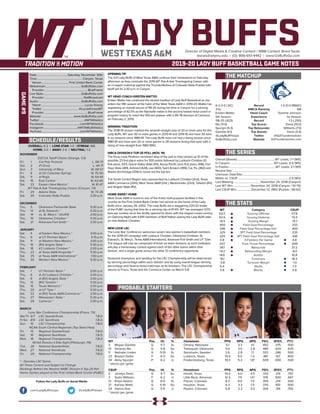 LADY BUFFSDirector of Digital Media & Creative Content / WBB Contact: Brent Seals
bseals@wtamu.edu | (O): 806-651-4442 | www.GoBuffsGo.com
2019-20 LADY BUFF BASKETBALL GAME NOTES
GAME#9
SCHEDULE/RESULTS
THE MATCHUP
THE SERIES
THE STATS
PROBABLE STARTERS
6-2 (1-0 LSC)
21st
Kristen Mattio
5th Season
118-25 (.825)
Nix (11.0)
Spurgin (5.3)
Gamble (4.1)
@LadyBuffHoops
GoBuffsGo.com
Record
WBCA Ranking
Head Coach
Experience
Record
Top Scorer
Top Rebounder
Top Assists
Twitter
Website
1-3 (0-0 RMAC)
NR
Tommie Johnson
1st Season
1-3 (.250)
Davis (15.0)
Williams (7.5)
Davis (4.5)
@GoThunderwolves
GoThunderwolves.com
Overall (Streak):.....................................................WT Leads, 7-1 (W5)
In Canyon:............................................................ WT Leads, 5-0 (W5)
In Pueblo:.................................................................WT Leads, 2-1 (W1)
Neutral Site:..............................................................................................
Unknown Date/Site:................................................................................
Mattio vs. CSUP:......................................................................2-0 (W2)
Last Meeting:.....................................November 24, 2018 (Canyon)
Last WT Win:........................ November 24, 2018 (Canyon / 91-70)
Last CSUP Win:.................... December 12, 1992 (Pueblo / 66-62)
WT
62.0
53.5
+8.5
.450
.346
.325
.320
4.8
.637
39.1
+10.7
14.6
19.1
-3.8
6.4
5.8
Category
Scoring Offense
Scoring Defense
Scoring Margin
Field Goal Percentage
Field Goal Percentage Def.
3PT Field Goal Percentage
3PT Field Goal Percentage Def.
3-Pointers Per Game
Free Throw Percentage
Rebounds
Rebounding Margin
Assists
Turnovers
Turnover Margin
Steals
Blocks
CSUP
57.8
73.5
-15.7
.333
.400
.235
.346
4.8
.649
37.2
-8.0
10.8
18.3
-1.0
7.3
5.8
WT 		 Pos. 	 Ht. 	 Yr. 	 Hometown 	 PPG 	 RPG 	 APG 	 FG% 	 3FG% 	 FT%
3	 Megan Gamble	 G	 5-7	 Sr.	 Omaha, Nebraska	 5.1	 3.3	 4.1	 .452	 .375	 .500
10	 Delaney Nix	 G	 5-8	 So.	 Tahlequah, Oklahoma	 11.0	 3.0	 2.8	 .484	 .429	 .625
11	 Nathalie Linden	 G	 5-10	 Sr.	 Stockholm, Sweden	 2.6	 2.8	 1.1	 .333	 .286	 .500	 .
23	 Braylyn Dollar	 F	 6-0	 So.	 Lubbock, Texas	 10.4	 5.0	 1.3	 .481	 .167	 .800
34	 Abby Spurgin	 P	 6-2	 Jr.	 Fredericksburg, Texas	 10.3	 5.3	 1.8^	 .509	 .000	 .500
^ blocks per game
CSUP	 Pos. 	 Ht. 	 Yr. 	 Hometown 	 PPG 	 RPG 	 APG 	 FG% 	 3FG% 	 FT%
2	 Janaiya Davis	 G	 5-7	 So.	 Hewitt, Texas	 15.0	 6.0	 4.5	 .333	 .214	 .792
3	 Sydni Williams	 F	 6-2	 Jr.	 Little Rock, Arkansas	 12.3	 7.5	 1.0^	 .519	 .500	 .667
13	 Khiya Adams	 G	 6-0	 Sr.	 Falcon, Colorado	 8.3	 6.0	 1.5	 .304	 .214	 .500
21	 Kansas Watts	 G	 5-10	 So.	 Houston, Texas	 6.3	 3.3	 1.5	 .370	 .100	 .500
24	 Hanna Diaz	 G	 5-9	 Jr.	 Peyton, Colorado	 5.8	 2.3	 0.3	 .304	 .316	 .750
^ blocks per game
OVERALL: 6-2 | LONE STAR: 1-0 | STREAK: W6
HOME: 3-0 | AWAY: 2-0 | NEUTRAL: 1-2
NOVEMBER
D2CCA Tipoff Classic (Orange, CA)
Fri.	 1	 Cal Poly Pomona		 L, 58-73
Sat.	 2	 #1 Drury		 L, 44-71
Sun.	 3	 University of Mary		 W, 58-57
Fri.	 8	 at UC-Colorado Springs		 W, 75-50
Sat.	 9	 at Regis		 W, 64-44
Sat.	 16	 East Central		 W, 62-60
Sat.	 23	 Eastern New Mexico *		 W, 61-47
WT Pak-A-Sak Thanksgiving Classic (Canyon, TX)
Fri.	 29	 Adams State		 W, 74-26
Sat.	 30	 Colorado State-Pueblo		 2:30 p.m.
DECEMBER
Thu.	 5	 Oklahoma Panhandle State		 5:30 p.m.
Thu.	 12	 at St. Edward’s *		 5:30 p.m.
Sat.	 14	 vs. St. Mary’s * (@UIW)		 2:00 p.m.
Thu.	 19	 Oklahoma Christian *		 5:30 p.m.
Sat.	 21	 Arkansas-Fort Smith *		 2:00 p.m.
JANUARY
Sat.	 4	 at Eastern New Mexico *		 3:00 p.m.
Thu. 	 9	 at UT Permian Basin *		 5:15 p.m.
Sat.	 11	 at Western New Mexico *		 3:00 p.m.
Thu.	 16	 (RV) Angelo State *		 5:30 p.m.
Sat.	 18	 #2 Lubbock Christian *		 2:00 p.m.
Thu.	 23	 at Texas A&M-Kingsville *		 5:30 p.m.
Sat.	 25	 at Texas A&M International *		 1:00 p.m.
Thu.	 30	 Western New Mexico *		 5:30 p.m.
FEBRUARY
Sat.	 1	 UT Permian Basin *		 2:00 p.m.
Thu.	 6	 at #2 Lubbock Christian *		 5:30 p.m.
Sat.	 8	 at (RV) Angelo State *		 2:00 p.m.
Thu.	 13	 (RV) Tarleton *		 5:30 p.m.
Sat.	 15	 Texas Woman’s *		 2:00 p.m.
Thu.	 20	 at UT Tyler *		 5:30 p.m.
Sat.	 22	 at (RV) Texas A&M-Commerce *		 2:00 p.m.
Thu.	 27	 Midwestern State *		 5:30 p.m.
Sat.	 29	 Cameron *		 2:00 p.m.
MARCH
Lone Star Conference Championship (Frisco, TX)
We/Th	 6/7	 LSC Quarterfinals		 T.B.D.
Fr/Sa	 8/9	 LSC Semifinals		 T.B.D.
Sun.	 10	 LSC Championship		 T.B.D.
NCAA South Central Regionals (Top Seed Host)
Fri.	 15	 Regional Quarterfinals		 T.B.D.
Sat.	 16	 Regional Semifinals		 T.B.D.
Mon.	 18	 Regional Championship		 T.B.D.
NCAA Division II Elite Eight (Pittsburgh, PA)
Tue.	 26	 National Quarterfinals		 T.B.D.
Wed.	 27	 National Semifinals		 T.B.D.
Fri.	 29	 National Championship		 T.B.D.
* - Denotes LSC Game
All Times Central and Subject to Change
Rankings Refelct the Newest NABC Division II Top-25 Poll
Home Games played at the First United Bank Center (FUBC)
WEST TEXAS A&M
OPENING TIP
The #21 Lady Buffs of West Texas A&M continue their homestand on Saturday
afternoon as they conclude the 2019 WT Pak-A-Sak Thanksgiving Classic with
an in-region matchup against the ThunderWolves of Colorado State-Pueblo with
tipoff set for 2:30 p.m. in Canyon.
WT HEAD COACH KRISTEN MATTIO
Kristen Mattio has continued the storied tradition of Lady Buff Basketball as she
enters her fifth season at the helm of the West Texas A&M in 2019-20. Mattio has
registering an overall record of 118-25 during her time in Canyon for a winning
percentage of 82.5% as the Nashville native is the second fastest head coach in
program history to reach the 100-win plateau with a 95-78 decision at Cameron
on February 2, 2019.
WINNING TRADITION
The 2018-19 season marked the seventh-straight year of 20 or more wins for the
Lady Buffs. WT won 30 or more games in 2013-14 and 2014-15 and have 30 wins
in six seasons since 1980-81. The Lady Buffs have not had a losing season since
1980-81 and have won 20 or more games in 28 seasons during that span with a
string of nine-straight from 1983-1992.
WBCA DIVISION II TOP-25 POLL (NOV. 19)
The Drury Lady Panthers remained atop of the poll as they picked up 10 of the
possible 23 first place votes for 555 points followed by Lubbock Christian (12
first place, 537), Grand Valley State (511), Azusa Pacific (one first place, 496), Fort
Hays State (481), Ashland (428), Lee (400), Saint Anslem (399), Cal, Pa. (360) and
Alaska Anchorage (334) to round out the top ten.
The South Central Region was represented by Lubbock Christian (2nd), Texas
A&M-Commerce (20th), West Texas A&M (21st ), Westminster (23rd), Tarleton (RV)
and Angelo State (RV).
HOME SWEET HOME
West Texas A&M is home to one of the finest multi-purpose facilities in the
country as the First United Bank Center has served as the home of the Lady
Buffs since January 26, 2002. The Lady Buffs are a staggering 220-32 inside
of the FUBC during that time for a winning clip of 87.4%. WT has averaged 1,073
fans per contest since the facility opened its doors with the largest crowd coming
on Opening Night with 4,941 members of Buff Nation seeing the Lady Buffs take
on rival Abilene Christian.
NEW LOOK LSC
The Lone Star Conference welcomes seven new women’s basketball members
for the 2019-20 campaign with Lubbock Christian, Oklahoma Christian, St.
Edward’s, St. Mary’s, Texas A&M International, Arkansas-Fort Smith and UT Tyler.
The league will now be comprised of three six-team divisions as each institution
will play a home/away contest against each of the other teams within their
division, and a single game versus the other 12 conference opponents.
Divisional champions and seeding for the LSC Championship will be determined
by winning percentage within each division and by using overall league winning
percentage and head-to-head matchups as tie-breakers. The LSC Championship
returns to Frisco, Texas and the Comerica Center on March 5-8.
Date:..........................................Saturday, November 30th
Time:...............................................................Canyon, Texas
Venue:......................................First United Bank Center
Webstream:.................................................GoBuffsGo.com
Provider:............................................................BlueFrame
Live Stats:....................................................GoBuffsGo.com
Provider:......................................................StatBroadcast
Audio:...........................................................GoBuffsGo.com
Talent:.............................................................Lucas Kinsey
Twitter:.................................................. @LucasKinseyWT
Provider:............................................................BlueFrame
Website:............................................ www.GoBuffsGo.com
Twitter:..............................................................@WTAthletics
Facebook:..................................................com/WTAthletics
Instagram:...............................................@WTAMUAthletics
YouTube:....................................................com/WTAthletics
Follow the Lady Buffs on Social Media
.com/LadyBuffHoops @LadyBuffHoops
 