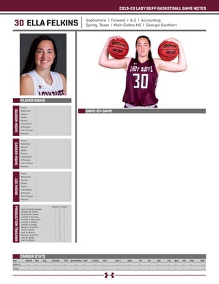 2019-20 LADY BUFF BASKETBALL GAME NOTES
30 ELLA FELKINS Sophomore | Forward | 6-2 | Accounting
Spring, Texas | Klein Collins HS | Georgia Southern
PLAYER HIGHS
SEASONHIGHS
Year	 GP-GS	 Min	 Avg	 FG-FGA	 PCT	 3pt FG-FGA	 PCT	 FT-FTA	 PCT	 O-D-T	 AVG	 PF	 FO	 AST	 T/O	 BLK	 STL	 PTS	 AVG
2019-20	 ---	---	---	 ---	 ---	 ---	 ---	 ---	 ---	 ---	 ---	 ---	 ---	 ---	 ---	---	---	---	 ---
TOTAL	 ---	---	---	 ---	 ---	 ---	 ---	 ---	 ---	 ---	 ---	 ---	 ---	 ---	 ---	---	---	---	 ---
CAREER STATS
Points: 	 --	 --
Rebounds: 	 --	 --
Assists: 	 --	 --
Steals: 	 --	 --
Blocks: 	 --	 --
Field Goals: 	 --	 --
3-Pointers: 	 --	 --
Free Throws: 	 --	 --
Minutes: 	 --	 --
CAREERHIGHS
Points: 	 --	 --
Rebounds: 	 --	 --
Assists: 	 --	 --
Steals: 	 --	 --
Blocks: 	 --	 --
Field Goals: 	 --	 --
3-Pointers: 	 --	 --
Free Throws: 	 --	 --
Minutes: 	 --	 --
LSCHIGHS
Points: 	 --	 --
Rebounds: 	 --	 --
Assists: 	 --	 --
Steals: 	 --	 --
Blocks: 	 --	 --
Field Goals: 	 --	 --
3-Pointers: 	 --	 --
Free Throws: 	 --	 --
Minutes: 	 --	 --
PRODUCTIONTRACKER
	 Season 	 Career
Had a Double-Double 	 --	 --
Scored 10+ Points 	 --	 --
Scored 20+ Points 	 --	 --
Led WT in Scoring 	 -- 	 --
Led WT in Rebounds 	 --	 --
Led WT in Blocks 	 --	 --
Led WT in Steals 	 -- 	 --
Made 3+ 3-pt FG’s 	 -- 	 --
Had 3+ Steals 	 -- 	 --
Had 3+ Blocks	 --	 --
Made 5+ 3-pt FG’s 	 -- 	 --
Had 5+ Steals 	 --	 --
Had 5+ Blocks	 --	 --
GAME-BY-GAME
 