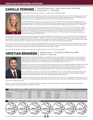 2019-20 LADY BUFF BASKETBALL GAME NOTES
CAMILLE PERKINS Associate Head Coach | Sixth Season at West Texas A&M
Angelo State '11 | Psychology
Camille Perkins begins her sixth season as an assistant coach at West Texas A&M.
The Lady Buffs finished the 2018-19 season with an overall record of 29-4, claiming a share of the LSC Regular Season Title
while also winning the LSC Tournament Title as they made the program’s 25th overall appearance in the NCAA Division II
Postseason with a run to the Regional Semifinals hosted at the First United Bank Center in Canyon.
The 2017-18 Lady Buffs continued their reign atop of the Lone Star Conference as they claimed the regular season and
tournament titles with an overall record of 29-5 with a 16-4 mark in league action. WT advanced to the NCAA South Central
Regional Finals with wins over Arkansas-Fort Smith and Metro State before falling to Lubbock Christian in the Title Game.
In 2016-17, Perkins helped guide the Lady Buffs to their third Elite Eight in four years and a 26-9 record overall. In 2015-
16, Perkins helped lead the Lady Buffs to their third-straight Lone Star Conference regular season title and Sweet Sixteen
appearance. In her first season, she helped lead the team to the LSC regular season and tournament titles and WT’s
second consecutive Elite Eight appearance with a 30-3 overall record. WT led the nation for the second-straight year in
field goal percentage at a .487 clip in 2015.
She came to WT from Angelo State where she was an assistant coach for the Rambelles in 2013-14. Perkins was an all-conference player for Angelo State
form 2008-2011 and was a graduate assistant from 2011-2013. In 2013-14 as an assistant, she handled team budgeting, team meals, scouting and film on
opposing teams. She also handled duties related to recruiting, academic progress and strength and conditioning. She finished her playing career at ASU
as the second all-time leading scorer in program history and is the school-leader in free throws made (573) and attempts (749).
The Groesbeck, Texas, native, also is among the top five in the Rambelle women’s basketball record book in points per game, field goals made, 3-pointers
made, assists and steals. She averaged a career-high 17.2 points per game her senior season and was an All-LSC South Division First Team selection for
the fourth time in her career. As a freshman, she earned LSC Freshman of the Year honors in 2008.
Perkins earned her bachelor’s degree in psychology and a master’s degree in education both from Angelo State.
KRISTIAN BRANSON Assistant Coach | Third Season at West Texas A&M
Baylor '14 | Education
Kristian Branson enters his third season as an Assistant Coach for the Lady Buffs. In his two seasons in Canyon, Branson
helped guide the Lady Buffs to a 58-9 overall record with two LSC Regular Season Championships, two LSC Tournament
Titles and a pair of NCAA Tournament Appearances. His responsibilities include guard development, coordinating travel,
team budgeting, scouting and film on opposing teams, as well as duties related to recruiting
Branson came to Canyon in the Summer of 2017 after spending one season as the video coordinator for women’s basketball
at Stephen F. Austin under former Lady Buff head coach Mark Kellogg. The team went 25-8, losing in the conference
tournament championship game. Branson was charged with video sharing and breakdown of games and practice at SFA,
while evaluating opposing players and highlight tapes. He also worked with the post players for the Lady Jacks.
Prior to SFA, Branson worked as an assistant women’s basketball coach at University of Mary Hardin-Baylor helping guide
his team to a 15-11 record, winning 11 of their final 13 games, and five players named all-conference in 2015-16. Branson
worked under Mark Morefield, who was a former assistant at Baylor under Scott Drew.
In addition, he also has had stints as an assistant coach and junior varsity head coach at Vanguard College Preparatory, and
head coach of the Centex Elite AAU Team. While coaching at the high school level in college, Branson coached four players
who received college scholarships.
Branson is a native of Palmdale, California. He earned his bachelor’s degree in education from Baylor University in 2014 and currently is pursuing a
master’s degree in mass communication from Stephen F. Austin.
LADY BUFF BASKETBALL HEAD COACHING HISTORY (MODERN STATISTICAL ERA)
Name	 Number of Seasons	 First Season	 Final Season	 Overall Record	 Conference Record	 LSC Titles	 LSC Tournament Titles	 Regional Titles
Gary Mooring	 1	 1980-81	 1980-81	 8-14 (.364)	 ---	 0	 0	 0
Bob Schneider	 25	 1981-82	 2005-06	 585-163 (.784)	 237-47 (.836)	 9	 8	 3
Krista Gerlich	 7	 2006-07	 2012-13	 168-53 (.749)	 87-19 (.821)	 4	 3	 1
Mark Kellogg	 2	 2013-14	 2014-15	 62-6 (.912)	 30-2 (.938)	 2	 2	 2
Kristen Mattio	 5	 2015-16	 Present	 114-25 (.818)	 61-15 (.803)	 3	 2	 1
	 39	 1980-81	 ----	 936-261 (.783)	 414-85 (.829)	 17	 14	 7
2016-17
NCAA DIVISION II ELITE EIGHT APPEARANCES
2014-152013-142008-091996-971994-951987-88
 