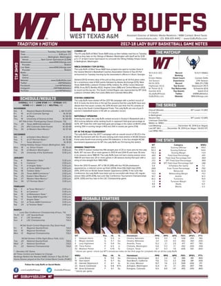 GOBUFFSGO.COM
LADY BUFFSAssistant Director of Athletic Media Relations / WBB Contact: Brent Seals
bseals@wtamu.edu | (O): 806-651-4442 | www.GoBuffsGo.com
2017-18 LADY BUFF BASKETBALL GAME NOTES
GAME#11
SCHEDULE/RESULTS
THE MATCHUP
THE SERIES
THE STATS
PROBABLE STARTERS
10-0 (4-0 LSC)
3rd
Kristen Mattio
3rd Season
64-14 (.821)
Hightower (13.2)
M. Parker (6.3)
Gamble (4.0)
@LadyBuffHoops
GoBuffsGo.com
Record
Ranking
Head Coach
Experience
Record
Top Scorer
Top Rebounder
Top Assists
Twitter
Website
5-4 (1-1 GNAC)
---
Carmen Dalfo
27th Season
566-211 (.728)
Stipanovich (15.7)
Schwecke (8.4)
Iwami (3.2)
@WWUAthletics
WWUVikings.com
Overall (Streak):...................................................... WT Leads 1-0 (W1)
In Canyon:.................................................................................................
In Bellingham:...........................................................................................
Neutral Site:............................................................ WT Leads 1-0 (W1)
Unknown Date/Site:................................................................................
Mattio vs. WWU:.......................................................................................
Last Meeting:................................. December 18, 2014 (Las Vegas)
Last WT Win:.............December 18, 2014 (Las Vegas / 64-63 OT)
Last WWU Win:.........................................................................................
WT
68.5
50.3
+18.2
.493
.322
.372
.250
5.8
.669
38.3
+9.5
18.7
18.2
-1.2
8.8
3.8
Category
Scoring Offense
Scoring Defense
Scoring Margin
Field Goal Percentage
Field Goal Percentage Def.
3PT Field Goal Percentage
3PT Field Goal Percentage Def.
3-Pointers Per Game
Free Throw Percentage
Rebounds
Rebounding Margin
Assists
Turnovers
Turnover Margin
Steals
Blocks
WWU
69.0
64.6
+4.4
.401
.369
.369
.286
7.2
.750
42.8
+9.3
14.3
19.4
-5.1
6.0
3.3
WT 		 Pos. 	 Ht. 	 Yr. 	 Hometown 	 PPG 	 RPG 	 APG 	 FG% 	 3FG% 	 FT%
2	 Deleyah Harris	 G	 5-9	 Jr.	 Omaha, Nebraska	 10.5	 5.0	 1.9	 .508	 .350	 .780
3	 Megan Gamble	 G	 5-7	 So.	 Omaha, Nebraska	 3.4	 2.4	 4.0	 .462	 .364	 .500
4	 Lexy Hightower	 G	 5-8	 So.	 Amarillo, Texas	 13.2	 2.1	 2.6	 .417	 .407	 .783
20	 Tiana Parker	 P	 6-5	 Jr.	 Chehalis, Washington	 6.8	 5.2	 1.7	 .492	 .000	 .308
42	 Madison Parker	 F	 5-10	 Sr.	 Canyon, Texas	 8.7	 6.3	 1.8	 .606	 .100	 .600
^ blocks per game | check out WT’s broadcast notes on the final page for complete info on all the Lady Buffs
WWU	 Pos. 	 Ht. 	 Yr. 	 Hometown 	 PPG 	 RPG 	 APG 	 FG% 	 3FG% 	 FT%
3	 Lexie Bland	 G	 5-6	 So.	 Ellensburg, Washington	 8.3	 2.4	 1.8	 .386	 .381	 .800
10	 Dani Iwami	 G	 5-7	 So.	 Seal Beach, California	 11.6	 3.3	 3.2	 .358	 .381	 .500
15	 Hannah Stipanovich	 F	 6-1	 Sr.	 St. Louis, Missouri	 15.7	 7.4	 2.3	 .509	 .000	 .717
22	 Gracie Castaneda	 G	 5-8	 R-Fr.	 Arlington, Washington	 12.4	 4.1	 2.1	 .393	 .407	 .795
44	 Anna Schwecke	 F	 6-1	 So.	 Evergree, Colorado	 6.4	 8.4	 1.4^	 .455	 .000	 .800
^ blocks per game
OVERALL: 10-0 | LONE STAR: 4-0 | STREAK: W10
HOME: 4-0 | AWAY: 5-0 | NEUTRAL: 1-0
NOVEMBER
Sat.	 4	 Wayland Baptist (Exhibition)		L, 68-73 (OT)
Fri.	 10	 at UC-Colorado Springs		 W, 61-34
Sat.	 11	 at Regis		 W, 58-53
Thu.	 16	 University of Science & Arts		 W, 60-49
WT Pak-A-Sak Thanksgiving Classic (Canyon, TX)
Thu.	 24	 Texas A&M-International		 W, 89-63
Fri. 	 25	 (RV) Colorado State-Pueblo		 W, 65-49
Thu.	 30	 at Western New Mexico *		 W, 57-43
DECEMBER
Sat.	 2	 at Eastern New Mexico *		 W, 61-44
Tue.	 5	 at UT Permian Basin *		 W, 75-48
Thu.	 7	 Texas Woman’s *		 W, 81-61
Viking Holiday Hoops Classic (Bellingham, WA)
Mon.	 18	 vs. Simon Frasier		 W, 78-59
Tue. 	 19	 at Western Washington		 9:30 p.m.
Fri.	 29	 University of the Southwest		 5:30 p.m.
JANUARY
Thu.	 4	 Midwestern State *		 5:30 p.m.
Sat. 	 6	 Cameron *		 2:00 p.m.
Thu. 	 11	 at Angelo State *		 5:30 p.m.
Sat.	 13	 at Texas A&M-Kingsville *		 4:00 p.m.
Thu. 	 18	 Tarleton State *		 5:30 p.m.
Sat. 	 20	 Texas A&M-Commerce *		 2:00 p.m.
Thu.	 25	 Eastern New Mexico *		 5:30 p.m.
Sat.	 27	 Western New Mexico *		 2:00 p.m.
Tue.	 30	 UT Permian Basin *		 5:30 p.m.
FEBRUARY
Sat.	 3	 at Texas Woman’s *		 2:00 p.m.
Thu.	 8	 at Cameron *		 5:30 p.m.
Sat.	 10	 at Midwestern State *		 2:00 p.m.
Thu.	 15	 Texas A&M-Kingsville *		 5:30 p.m.
Sat.	 17	 Angelo State *		 2:00 p.m.
Thu.	 22	 at Texas A&M-Commerce *		 5:30 p.m.
Sat.	 24	 at Tarleton State *		 2:00 p.m.
MARCH
Lone Star Conference Championship (Frisco, TX)
Th./Fr.	 1/2	 LSC Quarterfinals		 T.B.D.
Sat.	 3	 LSC Semifinals		 T.B.D.
Sun.	 4	 LSC Championship		 T.B.D.
NCAA South Central Regionals (Top Seed Host)
Fri.	 9	 Regional Quarterfinals		 T.B.D.
Sat.	 10	 Regional Semifinals		 T.B.D.
Mon.	 12	 Regional Championship		 T.B.D.
NCAA Division II Elite Eight (Sioux Falls, S.D.)
Tue.	 20	 National Quarterfinals		 T.B.D.
Wed.	 21	 National Semifinals		 T.B.D.
Fri.	 23	 National Championship		 T.B.D.
* - Denotes LSC Game
All Times Central and Subject to Change
Rankings Refelct the Newest NABC Division II Top-25 Poll
Home Games played at the First United Bank Center (FUBC)
WEST TEXAS A&M
COMING UP
The #3 Lady Buffs of West Texas A&M wrap up their holiday road trip on Tuesday
night as they take on the Vikings of Western Washington with tipoff set for 9:30
p.m. CT at Sam Carver Gymnasium to conclude the Viking Holiday Hoops Classic
in Bellingham, Washington.
WBCA DIVISION II TOP-25 POLL
The Lady Buffs of West Texas A&M have jumped one spot to number three in
the newest Women’s Basketball Coaches Association Division II Top-25 Poll
announced on Tuesday morning by the association’s offices in Lilburn, Georgia.
Ashland (10-0) remains atop of the poll as they picked up all 24 first place votes
for a unanimous total of 600 points followed by Alaska Anchorage (575), West
Texas A&M (543), Lubbock Christian (476), Indiana, Pa. (470), Carson-Newman
(459), Drury (427), Bentley (422), Virginia Union (386) and Central Missouri (353)
to round out the top ten. The South Central Region was represented by WT (3rd),
Lubbock Christian (4th), Fort Lewis (16th) and Colorado Mesa (RV).
STAYING UNBEATEN
The Lady Buffs have started off the 2017-18 campaign with a perfect record of
10-0. It marks the third time in the last five seasons that the Lady Buffs have won
atleast their first seven contest, the 2015-16 team won their first 15 contests on
the way to the South Central Regional Finals. The Lady Buffs are one of just 11
women’s basketball teams in DII with an unbeaten record.
NATIONALLY SPEAKING
Entering the week, the Lady Buffs ranked second in Division II Basketball with a
49.3 scoring defense while ranking fourth in opponent field-goal percentage at
32.1%. WT holds the ninth best field-goal percentage in the nation at 48.5% while
ranking 25th in scoring margin (+18.1) and 25th in assists per game (17.8).
WT IN THE NCAA TOURNAMENT
The Lady Buffs enter the 2017-1 campaign with an overall record of 35-23 in the
NCAA Tournament with the 35 wins ranking sixth-most all-time in NCAA Division
II and ranks fourth-most among active DII institutions. In the four-straight NCAA
tournament appearances for WT, the Lady Buffs are 13-4 during the stretch.
WINNING TRADITION
The 2016-17 season marked the fifth-straight year of 20 or more wins for the Lady
Buffs. WT has won 30 or more games in 2013-14 and 2014-15 and have 30 wins
in six seasons since 1980-81. The Lady Buffs have not had a losing season since
1980-81 and have won 20 or more games in 28 seasons during that span with a
string of nine-straight from 1983-1992.
Since the 2012-13 season, WT is 136-31 (.818) with four NCAA postseason
appearances, a national runner-up finish (2014), three Elite Eight trips (2014,
2015, 2017) and an NCAA Sweet Sixteen appearance (2016). In the Lone Star
Conference, the Lady Buffs have been just as successful with three LSC regular
season titles (2014-2016), two Lone Star Conference Tournament Championships
(2014, 2015) and four trips to the LSC Championship game.
Date:............................................Tuesday, December 19th
Time:.................................................................. 9:30 p.m. CT
Location:......................................Bellingham, Washington
Venue:.........................Sam Carver Gymnasium (2,534)
Webstream:...................................www.WWUVikings.com
Provider:...................................................................Stretch
Live Stats:......................................www.WWUVikings.com
Provider:...................................................................Stretch
Radio:..........................................................................................
Talent:......................................................................................
Online:.....................................................................................
Website:............................................ www.GoBuffsGo.com
Twitter:..............................................................@WTAthletics
Facebook:..................................................com/WTAthletics
Instagram:...............................................@WTAMUAthletics
YouTube:....................................................com/WTAthletics
Follow the Lady Buffs on Social Media
.com/LadyBuffHoops @LadyBuffHoops
 