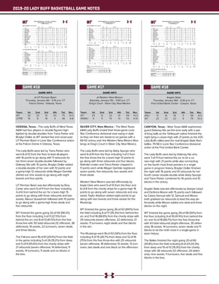 2019-20 LADY BUFF BASKETBALL GAME NOTES
GAME INFO
at UT Permian Basin
Thursday, January 9th - 5:15 p.m. CT
Falcon Dome - Odessa, Texas
ODESSA, Texas - The Lady Buffs of West Texas
A&M had four players in double-figures high-
lighted by double-doubles from Tiana Parker and
Braylyn Dollar as WT started fast and raced past
UT Permian Basin in Lone Star Conference action
at the Falcon Dome in Odessa, Texas.
The Lady Buffs were led by Tiana Parker who
went 8-of-12 from the floor to lead all players
with 16 points to go along with 11 rebounds for
her third career double-double followed by
Delaney Nix with 15 points, Braylyn Dollar added
a double-double of her own with 10 points and
a game-high 12 rebounds while Megan Gamble
dished out nine assists to go along with eight
boards and four points.
UT Permian Basin was led offensively by Rory
Carter who went 5-of-11 from the floor including
3-of-6 from behind the arc for a team-high 15
points to go along with three rebounds and two
assists, Alexus Quaadman followed with 10 points
to go along with a game-high three steals and
five rebounds.
WT finished the game going 32-of-55 (58.2%)
from the floor including 3-of-11 (27.3%) from
behind the arc and 8-of-13 (61.5%) from the free
throw line with 50 total rebounds (12 offensive, 38
defensive), 19 assists, 22 turnovers, seven steals
and three blocks.
The Falcons went 18-of-61 (29.5%) From the field
in the game including 5-of-26 (19.2%) from deep
and 5-of-9 (55.6%) from the charity stripe with
21 rebounds (seven offensive, 14 defensive), 11
assists, 14 turnovers, 11 steals and no blocks in
the loss.
Team	 1st	 2nd 	 3rd	 4th	 Tot.	 Rec.
WT	 20	 25	 10	 20	 75	13-3
UTPB	 16	 8	 18	 4	 46	6-8
GAME #16
Official Basketball Box Score -- Game Totals -- Final Statistics
West Texas A&M vs Tex. Permian Basin
01/09/20 5:15 pm at
West Texas A&M 75 • 13-3,6-1 Lone St
Total 3-Ptr Rebounds
## Player FG-FGA FG-FGA FT-FTA Off Def Tot PF TP A TO Blk Stl Min
20 Tiana Parker f 8-12 0-0 0-0 4 7 11 4 16 1 1 0 2 23
34 Abby Spurgin c 7-12 0-0 0-1 2 3 5 1 14 0 2 3 0 23
03 Megan Gamble g 2-2 0-0 0-0 1 7 8 1 4 9 4 0 2 29
10 Delaney Nix g 5-11 3-9 2-2 0 2 2 1 15 2 3 0 1 32
12 Sienna Lenz g 4-7 0-1 1-3 0 2 2 1 9 2 0 0 0 27
02 Asha Scott 0-1 0-0 0-0 0 2 2 0 0 0 1 0 0 7
05 McKauley Gregory 0-0 0-0 0-0 0 0 0 0 0 0 0 0 0 3
11 Nathalie Linden 0-2 0-1 1-2 1 0 1 1 1 1 2 0 1 15
21 Daria Cosgrove 1-1 0-0 0-0 0 1 1 0 2 0 0 0 1 6
23 Braylyn Dollar 4-5 0-0 2-3 2 10 12 3 10 3 6 0 0 24
24 Klara Dolk 0-0 0-0 0-0 0 0 0 0 0 0 0 0 0 1
30 Ella Felkins 0-0 0-0 0-0 0 1 1 0 0 0 0 0 0 1
40 Mary Rose Foster 1-2 0-0 2-2 1 0 1 0 4 1 3 0 0 9
Team 1 3 4
Totals 32-55 3-11 8-13 12 38 50 12 75 19 22 3 7 200
1st - FG %: 8-13 61.5%
3FG %: 0-3 0.0%
FT %: 4-8 50.0%
2nd: 11-16 68.8%
2-4 50.0%
1-1 100.0%
3rd: 5-15 33.3%
0-3 0.0%
0-0 0.0%
4th: 8-11 72.7%
1-1 100.0%
3-4 75.0%
Game: 32-55 58.2%
3-11 27.3%
8-13 61.5%
Deadball
Rebounds
2
Tex. Permian Basin 46 • 6-8,2-5 Lone Sta
Total 3-Ptr Rebounds
## Player FG-FGA FG-FGA FT-FTA Off Def Tot PF TP A TO Blk Stl Min
01 Jada Berry f 1-7 1-5 0-0 2 0 2 0 3 2 1 0 1 32
41 Alexus Quaadman f 4-7 0-0 2-2 3 2 5 3 10 0 3 0 3 24
15 Holly Hemmeline g 3-7 0-2 0-0 0 0 0 2 6 2 2 0 0 27
25 Rory Carter g 5-11 3-6 2-3 0 3 3 1 15 2 4 0 0 37
45 Yazmin Batch g 1-11 0-6 1-2 0 2 2 1 3 1 0 0 1 24
10 Jordan Rogers 3-12 1-5 0-0 1 3 4 3 7 2 3 0 4 24
14 Lauren Stallworth 0-0 0-0 0-0 0 0 0 2 0 0 0 0 1 14
40 Chaunta Thomas 1-6 0-2 0-2 0 3 3 0 2 2 0 0 1 18
Team 1 1 2 1
Totals 18-61 5-26 5-9 7 14 21 12 46 11 14 0 11 200
1st - FG %: 6-13 46.2%
3FG %: 3-4 75.0%
FT %: 1-2 50.0%
2nd: 2-14 14.3%
1-10 10.0%
3-4 75.0%
3rd: 8-16 50.0%
1-6 16.7%
1-1 100.0%
4th: 2-18 11.1%
0-6 0.0%
0-2 0.0%
Game: 18-61 29.5%
5-26 19.2%
5-9 55.6%
Deadball
Rebounds
2
Officials:
Technical fouls: West Texas A&M-None. Tex. Permian Basin-Rory Carter.
Attendance: 245
2019-20 Women's Basketball. Round: 0. Tex. Permian Basin vs West Tex. A&M. Pla
Score by periods 1st 2nd 3rd 4th Total
West Texas A&M 20 25 10 20 75
Tex. Permian Basin 16 8 18 4 46
GAME INFO
at Western New Mexico
Saturday, January 11th - 3:00 p.m. CT
Drag’s Court - Silver City, New Mexico
SILVER CITY, New Mexico - The West Texas
A&M Lady Buffs ended their three-game Lone
Star Conference divisional road swing in style
as they ran their win streak to six games with a
69-52 victory over the Western New Mexico Mus-
tangs at Drag’s Court in Silver City, New Mexico.
The Lady Buffs were led by Abby Spurgin who
went 6-of-8 from the floor including 1-of-2 from
the free throw line for a team-high 13 points to
go along with three rebounds and four blocks,
Nathalie Linden and Tiana Parker chipped-in
11 points each while Megan Gamble registered
seven points, five rebounds, four assists and
three steals.
Western New Mexico was led offensively by
Kayla Clark who went 5-of-13 from the floor and
6-of-8 from the charity stripe for a game-high 16
points to go along with seven rebounds and one
assist, Taylor Addison added eight points to go
along with two boards and three assists for the
Mustangs.
WT finished the game going 26-of-53 (49.1%) from
the field including 6-of-17 (35.3%) from behind the
arc and 11-of-16 (68.8%) from the charity stripe with
29 rebounds (seven offensive, 22 defensive), 21
assists, 11 turnovers, eight steals and five blocks
in the win.
The Mustangs went 18-of-53 (34%) from the floor
including 4-of-15 (26.7%) from deep and 12-of-16
(75%) from the free throw line with 25 rebounds
(seven offensive, 18 defensive), 10 assists, 13 turn-
overs, two steals and one block on the afternoon.
Team	 1st	 2nd 	 3rd	 4th	 Tot.	 Rec.
WT	 24	 12	 23	 10	 69	14-3
WNMU	9	 11	 19	 13	 52	4-10
GAME #17
Official Basketball Box Score -- Game Totals -- Final Statistics
West Texas A&M vs Western N.M.
01/11/20 2:00 pm at
West Texas A&M 69 • 14-3,7-1 Lone St
Total 3-Ptr Rebounds
## Player FG-FGA FG-FGA FT-FTA Off Def Tot PF TP A TO Blk Stl Min
20 Tiana Parker f 4-7 0-0 3-3 2 2 4 4 11 2 1 1 0 21
34 Abby Spurgin c 6-8 0-0 1-2 0 3 3 1 13 0 1 4 0 25
03 Megan Gamble g 3-7 1-2 0-0 1 4 5 3 7 4 3 0 3 28
10 Delaney Nix g 2-7 1-6 0-0 0 0 0 0 5 2 1 0 1 30
12 Sienna Lenz g 2-4 1-2 1-2 0 4 4 2 6 3 1 0 2 26
02 Asha Scott 1-3 0-0 1-2 1 0 1 1 3 5 0 0 0 12
11 Nathalie Linden 4-8 2-5 1-3 1 2 3 1 11 1 1 0 2 24
23 Braylyn Dollar 2-4 1-1 4-4 1 3 4 4 9 3 0 0 0 20
40 Mary Rose Foster 2-5 0-1 0-0 1 4 5 2 4 1 2 0 0 14
Team 0 0 0 1
Totals 26-53 6-17 11-16 7 22 29 18 69 21 11 5 8 200
1st - FG %: 7-10 70.0%
3FG %: 4-5 80.0%
FT %: 6-8 75.0%
2nd: 5-16 31.3%
1-6 16.7%
1-1 100.0%
3rd: 10-15 66.7%
1-2 50.0%
2-3 66.7%
4th: 4-12 33.3%
0-4 0.0%
2-4 50.0%
Game: 26-53 49.1%
6-17 35.3%
11-16 68.8%
Deadball
Rebounds
5,4
Western N.M. 52 • 4-10,1-6 Lone St
Total 3-Ptr Rebounds
## Player FG-FGA FG-FGA FT-FTA Off Def Tot PF TP A TO Blk Stl Min
32 Kayla Clark f 5-13 0-0 6-8 2 5 7 4 16 1 2 0 0 27
01 Kyanne Kowatch g 1-5 1-4 0-0 0 1 1 0 3 0 2 0 0 20
04 Paulina Rodriguez g 3-11 0-2 0-0 0 2 2 1 6 0 1 0 0 34
11 Jenika Padilla g 0-1 0-1 0-0 2 1 3 2 0 2 2 0 1 20
21 Daria Vatrushkina g 2-7 0-1 0-0 2 1 3 1 4 1 2 0 0 21
05 Amanda Perea 1-1 1-1 0-0 0 0 0 0 3 0 0 0 0 5
15 Rachel Francisco 1-3 1-2 0-0 0 1 1 0 3 2 1 0 0 20
33 Jayla Jackson 3-3 0-0 0-0 0 3 3 5 6 0 1 1 0 12
34 Kaela Chavez 1-5 1-4 0-0 0 3 3 1 3 1 1 0 0 21
42 Taylor Allison 1-4 0-0 6-8 1 1 2 3 8 3 1 0 1 20
Team 0 0 0
Totals 18-53 4-15 12-16 7 18 25 17 52 10 13 1 2 200
1st - FG %: 3-17 17.6%
3FG %: 2-7 28.6%
FT %: 1-1 100.0%
2nd: 4-13 30.8%
1-3 33.3%
2-2 100.0%
3rd: 8-14 57.1%
1-3 33.3%
2-5 40.0%
4th: 3-9 33.3%
0-2 0.0%
7-8 87.5%
Game: 18-53 34.0%
4-15 26.7%
12-16 75.0%
Deadball
Rebounds
6,2
Officials:
Technical fouls: West Texas A&M-None. Western N.M.-None.
Attendance:
2019-20 Women's Basketball. Round: 0. West Tex. A&M vs Western N.M.. Played at
Score by periods 1st 2nd 3rd 4th Total
West Texas A&M 24 12 23 10 69
Western N.M. 9 11 19 13 52
GAME INFO
Angelo State
Thursday, January 16th - 5:30 p.m. CT
First United Bank Center - Canyon, Texas
CANYON, Texas - West Texas A&M sophomore
guard Delaney Nix set the tone early with a pair
of long balls as the Tahlequah native finished the
night tying a career-high with 21 points as the #25
Lady Buffs rolled past the rival Angelo State Ram-
belles, 79-58 in Lone Star Conference divisional
action at the First United Bank Center.
The Lady Buffs were led by Delenay Nix who
went 7-of-11 from behind the arc to tie a ca-
reer-high with 21 points while also connecting
on the fourth most three-pointers in a single
game in program history, Braylyn Dollar finished
the night with 16 points and 10 rebounds for her
fourth career double-double while Abby Spurgin
and Tiana Parker combined for 16 points and 10
blocks in the victory.
Angelo State was led offensively by Sawyer Lloyd
and De’Anira Moore with 15 points each followed
by Catara Samuel with 12, Samuel and Moore
both grabbed six rebounds to lead the way de-
fensively while Moore added one steal and three
blocks on the night.
WT finished the game going 29-of-58 (50%) from
the floor including 9-of-19 (47.4%) from behind the
arc and 12-of-18 (66.7%) from the free throw line
with 43 total rebounds (eight offensive, 35 defen-
sive), 18 assists, 14 turnovers, seven steals and 11
blocks to tie the ninth most in a single-game in
team history.
The Belles finished the night going 20-of-65
(30.8%) from the field including 8-of-24 (33.3%)
from deep and 10-of-13 (76.9%) from the charity
stripe with 36 rebounds (12 offensive, 24 defen-
sive), nine assists, 11 turnovers, five steals and five
blocks in the loss.
Team	 1st	 2nd 	 3rd	 4th	 Tot.	 Rec.
ASU	 13	 16	 18	 11	 58	8-5
WT	 25	 23	 22	 9	 79	15-3
GAME #18
Official Basketball Box Score -- Game Totals -- Final Statistics
Angelo St. vs West Texas A&M
01/16/20 5:30 pm at
Angelo St. 58 • 8-5,5-4 Lone Sta
Total 3-Ptr Rebounds
## Player FG-FGA FG-FGA FT-FTA Off Def Tot PF TP A TO Blk Stl Min
32 De'Anira Moore f 3-11 0-0 9-10 1 5 6 3 15 0 3 3 1 28
02 Catara Samuel g 5-17 2-5 0-0 3 3 6 0 12 3 3 0 0 31
05 Lana Marov g 2-9 2-6 0-0 2 3 5 4 6 1 2 2 0 27
10 Sawyer Lloyd g 6-14 3-6 0-0 1 3 4 4 15 0 2 0 1 30
23 Angel Hayden g 1-3 0-1 0-1 0 0 0 0 2 2 1 0 1 27
13 Megan Guadian 0-2 0-2 1-2 1 3 4 1 1 1 0 0 0 25
15 Kinley Brown 3-4 1-2 0-0 0 2 2 0 7 0 0 0 1 8
20 Mia Torres 0-1 0-1 0-0 0 0 0 1 0 0 0 0 0 3
22 Samantha Rocha 0-4 0-1 0-0 1 3 4 4 0 2 0 0 1 19
24 Patricia French 0-0 0-0 0-0 0 0 0 0 0 0 0 0 0 2
Team 3 2 5
Totals 20-65 8-24 10-13 12 24 36 17 58 9 11 5 5 200
1st - FG %: 5-15 33.3%
3FG %: 2-6 33.3%
FT %: 1-2 50.0%
2nd: 6-16 37.5%
3-5 60.0%
1-2 50.0%
3rd: 5-19 26.3%
2-7 28.6%
6-6 100.0%
4th: 4-15 26.7%
1-6 16.7%
2-3 66.7%
Game: 20-65 30.8%
8-24 33.3%
10-13 76.9%
Deadball
Rebounds
1
West Texas A&M 79 • 15-3,8-1 Lone St
Total 3-Ptr Rebounds
## Player FG-FGA FG-FGA FT-FTA Off Def Tot PF TP A TO Blk Stl Min
20 Tiana Parker f 2-8 0-0 2-2 2 6 8 2 6 2 2 6 1 19
34 Abby Spurgin c 5-10 0-0 2-2 1 3 4 3 12 0 2 4 0 25
03 Megan Gamble g 1-3 0-1 0-0 0 4 4 1 2 8 2 0 1 26
10 Delaney Nix g 7-11 7-11 0-0 0 5 5 0 21 1 0 0 0 28
12 Sienna Lenz g 3-6 1-2 3-4 1 0 1 2 10 1 2 0 1 21
02 Asha Scott 0-0 0-0 0-0 1 0 1 0 0 0 1 0 0 2
05 McKauley Gregory 0-0 0-0 0-0 0 0 0 0 0 0 0 0 0 2
11 Nathalie Linden 2-3 1-2 2-2 0 3 3 2 7 1 1 0 1 23
21 Daria Cosgrove 1-3 0-1 1-2 0 1 1 2 3 2 0 1 1 18
23 Braylyn Dollar 7-12 0-1 2-6 3 7 10 2 16 3 4 0 2 25
24 Klara Dolk 0-0 0-0 0-0 0 0 0 0 0 0 0 0 0 1
40 Mary Rose Foster 1-2 0-1 0-0 0 1 1 0 2 0 0 0 0 10
Team 0 5 5
Totals 29-58 9-19 12-18 8 35 43 14 79 18 14 11 7 200
1st - FG %: 10-18 55.6%
3FG %: 4-7 57.1%
FT %: 1-2 50.0%
2nd: 9-17 52.9%
1-3 33.3%
4-6 66.7%
3rd: 7-11 63.6%
3-4 75.0%
5-8 62.5%
4th: 3-12 25.0%
1-5 20.0%
2-2 100.0%
Game: 29-58 50.0%
9-19 47.4%
12-18 66.7%
Deadball
Rebounds
3
Officials: Steve Lawrence,Destry Dacus,Jason Smith
Technical fouls: Angelo St.-None. West Texas A&M-None.
Attendance: 814
2019-20 Women's Basketball. Round: 0. Angelo St. vs West Tex. A&M. Played at F
Score by periods 1st 2nd 3rd 4th Total
Angelo St. 13 16 18 11 58
West Texas A&M 25 23 22 9 79
 