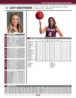 2018-19 LADY BUFF BASKETBALL GAME NOTES
4 LEXY HIGHTOWER Junior | Guard | 5-8 | Broadcasting/Electronic Media
Amarillo, Texas | Amarillo HS
PLAYER HIGHS
SEASONHIGHS
Year	 GP-GS	 Min	 Avg	 FG-FGA	 PCT	 3pt FG-FGA	 PCT	 FT-FTA	 PCT	 O-D-T	 AVG	 PF	 FO	 AST	 T/O	 BLK	 STL	 PTS	 AVG
2016-17	 28-12	685	24.5	 93-185	 .503	 38-89	 .427	 31-39	 .795	 12-46-58	 2.1	 48	 2	 37	 49	 2	 20	 255	 9.1
2017-18	 34-34	 1032	30.4	 180-382	 .471	 76-172	 .442	 52-65	 .800	 23-63-86	 2.5	 57	 0	 60	 64	 2	 44	 488	 14.4
2018-19	 23-23	670	29.1	 135-259	 .521	 50-113	 .442	 29-39	 .744	 18-45-63	 2.7	 33	 0	 46	 48	 2	 25	 349	 15.2
TOTAL	 85-69	 2387	28.1	 408-826	 .494	 164-374	 .439	 112-143	 .783	 53-154-207	 2.4	 138	 2	 143	 161	 6	 89	 1092	 12.8
CAREER STATS
Points: 	 29	 MSU Texas (12/1/18)
Rebounds: 	 7	 Cameron (11/29/18)
Assists: 	 4 (2x)	 at Cameron (2/2/19)
Steals: 	 3 (2x)	 at UT Permian Basin (1/3/19)
Blocks: 	 1 (2x)	 at A&M-Kingsville (1/10/19)
Field Goals: 	 12	 Angelo State (2/14/19)
3-Pointers: 	 6	 at UT Permian Basin (1/3/19)
Free Throws: 	 8	 MSU Texas (12/1/18)
Minutes: 	 39 (2x)	 Tarleton (1/19/19)
CAREERHIGHS
Points: 	 29	 MSU Texas (12/1/18)
Rebounds: 	 7	 Cameron (11/29/18)
Assists: 	 6	 Texas Woman’s (12/7/17)
Steals: 	 4 (2x)	 UT Permian Basin (1/30/18)
Blocks: 	 2	 St. Edward’s (11/18/16)
Field Goals: 	 12 (2x)	 Angelo State (2/14/19)
3-Pointers: 	 6	 at UT Permian Basin (1/3/19)
Free Throws: 	 8 (2x)	 MSU Texas (12/1/18)
Minutes: 	 40	 A&M-Commerce (1/20/18)
LSCHIGHS
Points: 	 29	 MSU Texas (12/1/18)
Rebounds: 	 7	 Cameron (11/29/18)
Assists: 	 6	 Texas Woman’s (12/7/17)
Steals: 	 4	 UT Permian Basin (1/30/18)
Blocks: 	 1	 at A&M-Kingsville (1/10/19)
Field Goals: 	 12	 Angelo State (2/14/19)
3-Pointers: 	 6	 at UT Permian Basin (1/3/19)
Free Throws: 	 8 (2x)	 MSU Texas (12/1/18)
Minutes: 	 40	 A&M-Commerce (1/20/18)
PRODUCTIONTRACKER
	 2018-19 	 Career
Had a Double-Double 	 -- 	 --
Scored 10+ Points 	 15	 54
Scored 20+ Points 	 7	 15
Led WT in Scoring 	 8	 30
Led WT in Rebounds 	 -- 	 1
Led WT in Assists 	 2	 9
Led WT in Steals 	 5	 19
Made 3+ 3-pt FG’s 	 5	 20
Had 3+ Steals 	 2 	 8
Had 3+ Assists	 4	 15
Made 5+ 3-pt FG’s 	 2	 8
Had 5+ Steals 	 --	 --
Had 5+ Assists	 --	 3
2017-18 GAME-BY-GAME
 