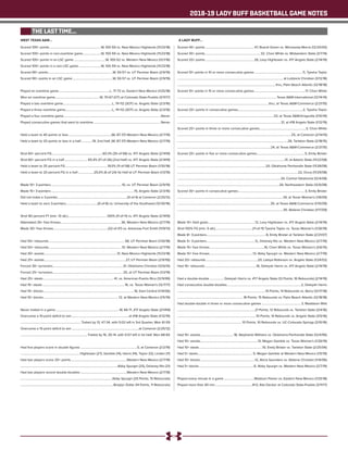 2018-19 LADY BUFF BASKETBALL GAME NOTES
THE LAST TIME...
Scored 100+ points..................................................................W, 100-59 vs. New Mexico Highlands (11/23/18)
Scored 100+ points in non-overtime game........................W, 100-59 vs. New Mexico Highlands (11/23/18)
Scored 100+ points in an LSC game.........................................W, 100-52 vs. Western New Mexico (12/1/16)
Scored 100+ points in a non-LSC game.............................W, 100-59 vs. New Mexico Highlands (11/23/18)
Scored 90+ points...................................................................................W, 93-57 vs. UT Permian Basin (2/9/19)
Scored 90+ points in an LSC game....................................................W, 93-57 vs. UT Permian Basin (2/9/19)
Played an overtime game.................................................................L, 71-73 vs. Eastern New Mexico (1/25/18)
Won an overtime game.........................................................W, 70-67 (OT) at Colorado State-Pueblo (3/11/17)
Played a two overtime game...............................................................L, 111-112 (3OT) vs. Angelo State (2/3/16)
Played a three overtime game............................................................L, 111-112 (3OT) vs. Angelo State (2/3/16)
Played a four overtime game............................................................................................................................Never
Played consecutive games that went to overtime.......................................................................................Never
Held a team to 40 points or less.......................................................(W, 87-37) Western New Mexico (2/7/19)
Held a team to 20 points or less in a half...............19, 2nd Half, (W, 87-37) Western New Mexico (2/7/19)
Shot 60+ percent FG.................................................................60.3% (35-of-58) vs. #17 Angelo State (2/1419)
Shot 60+ percent FG in a half.............................. 65.4% (17-of-26) (2nd Half) vs. #17 Angelo State (2/1419)
Held a team to 25 percent FG......................................................19.0% (11-of-58) UT Permian Basin (1/30/18)
Held a team to 20 percent FG in a half.....................25.0% (6-of-24) 1st Half at UT Permian Basin (1/3/19)
Made 10+ 3-pointers.......................................................................................... 10, vs. UT Permian Basin (2/9/19)
Made 15+ 3-pointers..........................................................................................................15, Angelo State (2/3/16)
Did not make a 3-pointer........................................................................................(0-of-4) at Cameron (2/25/12)
Held a team to zero 3-pointers.........................................(0-of-8) vs. University of the Southwest (12/30/16)
Shot 90 percent FT (min. 10 att.)..................................................100% (11-of-11) vs. #17 Angelo State (2/1419)
Attempted 35+ free throws............................................................................. 36, Western New Mexico (2/7/19)
Made 30+ free throws......................................................................(32-of-47) vs. Arkansas-Fort Smith (11/9/13)
Had 55+ rebounds.................................................................................................58, UT Permian Basin (1/30/18)
Had 50+ rebounds............................................................................................. 51, Western New Mexico (2/7/19)
Had 30+ assists.............................................................................................31, New Mexico Highlands (11/23/18)
Had 25+ assists........................................................................................................27, UT Permian Basin (2/9/19))
Forced 30+ turnovers..........................................................................................31, Oklahoma Christian (12/6/14)
Forced 25+ turnovers..........................................................................................25, at UT Permian Basin (1/3/19)
Had 25+ steals.......................................................................................... 41, vs. American-Puerto Rico (12/9/99)
Had 15+ steals.........................................................................................................16, vs. Texas Woman’s (12/7/17)
Had 15+ blocks....................................................................................................................16, East Central (1/14/06)
Had 10+ blocks................................................................................................ 12, at Western New Mexico (1/5/19)
Never trailed in a game.................................................................................W, 84-71, #17 Angelo State (2/1419)
Overcame a 10-point deficit to win.........................................................................at #18 Angelo State (1/12/19)
.............................................................................Trailed by 13, 47-34, with 5:02 left in 3rd Quarter, Won 61-59
Overcame a 15-point deficit to win......................................................................................at Cameron (2/25/12)
.....................................................................................Trailed by 16, 30-14, with 5:57 left in 1st Half, Won 68-65
Had five players score in double figures.........................................................................5, at Cameron (2/2/19)
...........................................................................Hightower (27), Gamble (14), Harris (14), Taylor (12), Linden (11)
Had two players score 20+ points........................................................................Western New Mexico (2/7/19)
...........................................................................................................................Abby Spurgin (25), Delaney Nix (21)
Had two players record double-doubles............................................................Western New Mexico (2/7/19)
....................................................................................................................Abby Spurgin (25 Points, 15 Rebounds)
......................................................................................................................Braylyn Dollar (14 Points, 11 Rebounds)
Scored 40+ points...............................................................47, Brandi Green vs. Minnesota-Morris (12/20/00)
Scored 30+ points....................................................................... 32, Chon White vs. Midwestern State (3/7/14)
Scored 20+ points...............................................................26, Lexy Hightower vs. #17 Angelo State (2/14/19)
Scored 10+ points in 10 or more consecutive games............................................................. 11, Tyesha Taylor
...................................................................................................................................... at Lubbock Christian (3/12/18)
............................................................................................................................ thru, Palm Beach Atlantic (12/18/18)
Scored 10+ points in 15 or more consecutive games.................................................................17, Chon White
..............................................................................................................................Texas A&M-International (12/14/14)
................................................................................................................... thru, at Texas A&M-Commerce (2/21/15)
Scored 20+ points in consecutive games...................................................................................2, Tyesha Taylor
..........................................................................................................................23, at Texas A&M-Kingsville (1/10/19)
...................................................................................................................................21, at #18 Angelo State (1/12/19)
Scored 20+ points in three or more consecutive games...........................................................3, Chon White
................................................................................................................................................25, at Cameron (2/14/15)
............................................................................................................................................26, Tarleton State (2/18/15)
......................................................................................................................24, at Texas A&M-Commerce (2/21/15)
Scored 20+ points in five or more consecutive games............................................................. 5, Emily Brister
........................................................................................................................................31, at Adams State (11/22/08)
................................................................................................................20, Oklahoma Panhandle State (11/28/08)
.........................................................................................................................................................22, Drury (11/29/08)
...................................................................................................................................34, Central Oklahoma (12/4/08)
.................................................................................................................................26, Northeastern State (12/6/08)
Scored 30+ points in consecutive games..................................................................................... 3, Emily Brister
......................................................................................................................................34, at Texas Woman’s (1/8/09)
......................................................................................................................35, at Texas A&M-Commerce (1/10/09)
......................................................................................................................................35, Abilene Christian (1/17/09)
Made 10+ field goals............................................................12, Lexy Hightower vs. #17 Angelo State (2/14/19)
Shot 100% FG (min. 5 att.)...............................................(11-of-11) Tyesha Taylor vs. Texas Woman’s (1/26/19)
Made 8+ 3-pointers............................................................................8, Emily Brister at Tarleton State (2/21/07)
Made 5+ 3-pointers...............................................................5,, Delaney Nix vs. Western New Mexico (2/7/19)
Made 15+ free throws......................................................................16, Chon White vs. Texas Woman’s (3/6/15)
Made 10+ free throws....................................................... 13, Abby Spurgin vs. Western New Mexico (2/7/19)
Had 20+ rebounds...................................................................20, Latoya Robinson vs. Angelo State (1/24/02)
Had 15+ rebounds..................................................................16, Deleyah Harris vs. #17 Angelo State (2/14/19)
Had a double-double................... Deleyah Harris vs. #17 Angelo State (12 Points, 16 Rebounds) (2/14/19)
Had consecutive double-doubles...............................................................................................2, Deleyah Harris
............................................................................................................... 10 Points, 14 Rebounds vs. Barry (12/17/18)
................................................................................... 18 Points, 15 Rebounds vs. Palm Beach Atlantic (12/18/18)
Had double-double in three or more consecutive games...................................................3, Maddison Wild
..................................................................................................21 Points, 12 Rebounds vs. Tarleton State (3/4/16)
....................................................................................................10 Points, 14 Rebounds vs. Angelo State (3/5/16)
..................................................................................10 Points, 10 Rebounds vs. UC-Colorado Springs (3/10/16)
Had 15+ assists...........................................18, Stephanie Williams vs. Oklahoma Panhandle State (12/4/95)
Had 10+ assists......................................................................... 13, Megan Gamble vs. Texas Woman’s (1/26/19)
Had 10+ steals.................................................................................10, Emily Brister vs. Tarleton State (2/25/06)
Had 5+ steals.......................................................................5, Megan Gamble at Western New Mexico (1/5/19)
Had 10+ blocks......................................................................12, Alicia Saunders vs. Abilene Christian (1/14/06)
Had 5+ blocks......................................................................6, Abby Spurgin vs. Western New Mexico (2/7/19)
Played every minute in a game.......................................Madison Parker vs. Eastern New Mexico (1/25/18)
Played more than 40 min............................................... 41.0, Alie Decker at Colorado State-Pueblo (3/11/17)
WEST TEXAS A&M... A LADY BUFF...
 