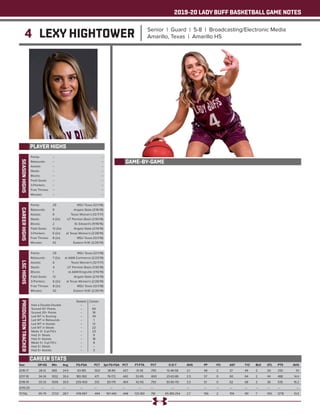 2019-20 LADY BUFF BASKETBALL GAME NOTES
4 LEXY HIGHTOWER Senior | Guard | 5-8 | Broadcasting/Electronic Media
Amarillo, Texas | Amarillo HS
PLAYER HIGHS
SEASONHIGHS
Year	 GP-GS	 Min	 Avg	 FG-FGA	 PCT	 3pt FG-FGA	 PCT	 FT-FTA	 PCT	 O-D-T	 AVG	 PF	 FO	 AST	 T/O	 BLK	 STL	 PTS	 AVG
2016-17	 28-12	685	24.5	 93-185	 .503	 38-89	 .427	 31-39	 .795	 12-46-58	 2.1	 48	 2	 37	 49	 2	 20	 255	 9.1
2017-18	 34-34	 1032	30.4	 180-382	 .471	 76-172	 .442	 52-65	 .800	 23-63-86	 2.5	 57	 0	 60	 64	 2	 44	 488	 14.4
2018-19	 33-33	 1006	30.5	 205-400	 .513	 83-179	 .464	 42-56	 .750	 30-80-110	 3.3	 51	 0	 62	 68	 3	 36	 535	 16.2
2019-20	 ---	---	---	 ---	 ---	 ---	 ---	 ---	 ---	 ---	 ---	 ---	 ---	 ---	 ---	---	---	---	 ---
TOTAL	 95-79	 2723	28.7	 478-967	 .494	 197-440	 .448	 125-160	 .781	 65-189-254	 2.7	 156	 2	 159	 181	 7	 100	 1278	 13.5
CAREER STATS
Points: 	 --	 --
Rebounds: 	 --	 --
Assists: 	 --	 --
Steals: 	 --	 --
Blocks: 	 --	 --
Field Goals: 	 --	 --
3-Pointers: 	 --	 --
Free Throws: 	 --	 --
Minutes: 	 --	 --
CAREERHIGHS
Points: 	 29	 MSU Texas (12/1/18)
Rebounds: 	 9	 Angelo State (3/16/19)
Assists: 	 6	 Texas Woman’s (12/7/17)
Steals: 	 4 (2x)	 UT Permian Basin (1/30/18)
Blocks: 	 2	 St. Edward’s (11/18/16)
Field Goals: 	 12 (2x)	 Angelo State (2/14/19)
3-Pointers: 	 6 (2x)	 at Texas Woman’s (2/28/19)
Free Throws: 	 8 (2x)	 MSU Texas (12/1/18)
Minutes: 	 42	 Eastern N.M. (2/26/19)
LSCHIGHS
Points: 	 29	 MSU Texas (12/1/18)
Rebounds: 	 7 (2x)	 at A&M-Commerce (2/23/19)
Assists: 	 6	 Texas Woman’s (12/7/17)
Steals: 	 4	 UT Permian Basin (1/30/18)
Blocks: 	 1	 at A&M-Kingsville (1/10/19)
Field Goals: 	 12	 Angelo State (2/14/19)
3-Pointers: 	 6 (2x)	 at Texas Woman’s (2/28/19)
Free Throws: 	 8 (2x)	 MSU Texas (12/1/18)
Minutes: 	 42	 Eastern N.M. (2/26/19)
PRODUCTIONTRACKER
	 Season 	 Career
Had a Double-Double 	 -- 	 --
Scored 10+ Points 	 --	 60
Scored 20+ Points 	 --	 18
Led WT in Scoring 	 --	 34
Led WT in Rebounds 	 -- 	 1
Led WT in Assists 	 --	 12
Led WT in Steals 	 --	 22
Made 3+ 3-pt FG’s 	 --	 23
Had 3+ Steals 	 --	 9
Had 3+ Assists	 --	 18
Made 5+ 3-pt FG’s 	 --	 8
Had 5+ Steals 	 --	 --
Had 5+ Assists	 --	 3
GAME-BY-GAME
 