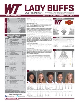 GOBUFFSGO.COM
LADY BUFFSAssistant Director of Athletic Media Relations / WBB Contact: Brent Seals
bseals@wtamu.edu | (O): 806-651-4442 | www.GoBuffsGo.com
2017-18 LADY BUFF BASKETBALL GAME NOTES
GAME#24
SCHEDULE/RESULTS
THE MATCHUP
THE SERIES
THE STATS
PROBABLE STARTERS
19-4 (11-4 LSC)
25th
Kristen Mattio
3rd Season
73-18 (.802)
Hightower (14.5)
M. Parker (6.3)
Gamble (3.6)
@LadyBuffHoops
GoBuffsGo.com
Record
Ranking
Head Coach
Experience
Record
Top Scorer
Top Rebounder
Top Assists
Twitter
Website
12-9 (8-6 LSC)
---
Noel Johnson
10th Season
138-133 (.509)
Taylor (10.7)
Mercelita (8.6)
Richardson (3.0)
@MSUMustangs
MSUMustangs.com
Overall (Streak):.................................................WT Leads 48-14 (W8)
In Canyon:........................................................... WT Leads 27-4 (W5)
In Wichita Falls:...................................................WT Leads 19-8 (W2)
Neutral Site:.....................................................................Tied 2-2 (W2)
Unknown Date/Site:................................................................................
Mattio vs. MSU:........................................................................6-0 (W6)
Last Meeting:.............................................January 4, 2018 (Canyon)
Last WT Win:...............................January 4, 2018 (Canyon / 64-46)
Last MSU Win:....................January 7, 2015 (Wichita Falls / 77-64)
WT
70.0
52.3
+17.7
.486
.334
.366
.280
5.5
.684
40.1
+11.0
17.5
18.6
-1.8
8.8
4.8
Category
Scoring Offense
Scoring Defense
Scoring Margin
Field Goal Percentage
Field Goal Percentage Def.
3PT Field Goal Percentage
3PT Field Goal Percentage Def.
3-Pointers Per Game
Free Throw Percentage
Rebounds
Rebounding Margin
Assists
Turnovers
Turnover Margin
Steals
Blocks
MSU
65.8
65.1
+0.7
.377
.364
.283
.279
5.1
.625
41.8
+0.2
13.6
17.4
+0.2
7.3
4.3
WT 		 Pos. 	 Ht. 	 Yr. 	 Hometown 	 PPG 	 RPG 	 APG 	 FG% 	 3FG% 	 FT%
3	 Megan Gamble	 G	 5-7	 So.	 Omaha, Nebraska	 3.3	 2.6	 3.6	 .422	 .316	 .533
4	 Lexy Hightower	 G	 5-8	 So.	 Amarillo, Texas	 14.5	 2.5	 1.9	 .469	 .437	 .765
10	 Sydney Walton	 G	 5-8	 Sr.	 Perryton, Texas	 3.6	 1.9	 2.3	 .390	 .222	 .696
20	 Tiana Parker	 P	 6-5	 Jr.	 Chehalis, Washington	 7.3	 5.2	 2.1^	 .493	 .000	 .510
42	 Madison Parker	 F	 5-10	 Sr.	 Canyon, Texas	 10.4	 6.3	 1.9	 .611	 .280	 .741
^ blocks per game | check out WT’s broadcast notes on the final page for complete info on all the Lady Buffs
MSU	 Pos. 	 Ht. 	 Yr. 	 Hometown 	 PPG 	 RPG 	 APG 	 FG% 	 3FG% 	 FT%
2	 Jasmine Richardson	 G	 5-5	 Sr.	 Corpus Christi, Texas	 6.8	 3.5	 3.0	 .387	 .154	 .595
5	 Kristin Rydell	 G	 5-7	 Sr.	 Hutto, Texas	 8.1	 3.3	 1.9	 .360	 .313	 .750
15	 Micheline Mercelita	 F	 6-0	 Sr.	 Edinburg, Texas	 9.3	 8.6	 0.8	 .475	 .000	 .583
40	 Avery Queen	 F/P	 6-2	 Sr.	 Boerne, Texas	 3.5	 2.5	 0.8^	 .343	 .429	 .429
42	 Whitney Taylor	 F	 5-11	 Sr.	 Melissa, Texas	 10.7	 3.3	 1.7	 .338	 .304	 .712
* - Based on previous game | ^ blocks per game
OVERALL: 19-4 | LONE STAR: 11-4 | STREAK: W4
HOME: 9-3 | AWAY: 9-1 | NEUTRAL: 1-0
NOVEMBER
Sat.	 4	 Wayland Baptist (Exhibition)		L, 68-73 (OT)
Fri.	 10	 at UC-Colorado Springs		 W, 61-34
Sat.	 11	 at Regis		 W, 58-53
Thu.	 16	 University of Science & Arts		 W, 60-49
WT Pak-A-Sak Thanksgiving Classic (Canyon, TX)
Thu.	 24	 Texas A&M-International		 W, 89-63
Fri. 	 25	 (RV) Colorado State-Pueblo		 W, 65-49
Thu.	 30	 at Western New Mexico *		 W, 57-43
DECEMBER
Sat.	 2	 at Eastern New Mexico *		 W, 61-44
Tue.	 5	 at UT Permian Basin *		 W, 75-48
Thu.	 7	 Texas Woman’s *		 W, 81-61
Viking Holiday Hoops Classic (Bellingham, WA)
Mon.	 18	 vs. Simon Frasier		 W, 78-59
Tue. 	 19	 at Western Washington		 W, 78-62
Fri.	 29	 University of the Southwest		 W, 118-56
JANUARY
Thu.	 4	 Midwestern State *		 W, 64-46
Sat. 	 6	 Cameron *		 W, 70-49
Thu. 	 11	 at Angelo State *		 L, 51-68
Sat.	 13	 at Texas A&M-Kingsville *		 W, 79-40
Thu. 	 18	 Tarleton State *		 L, 64-66
Sat. 	 20	 Texas A&M-Commerce *		 L, 55-59
Thu.	 25	 Eastern New Mexico *		L, 71-73 (OT)
Sat.	 27	 Western New Mexico *		 W, 58-46
Tue.	 30	 UT Permian Basin *		 W, 72-36
FEBRUARY
Sat.	 3	 at Texas Woman’s *		 W, 74-38
Thu.	 8	 at Cameron *		 W, 70-61
Sat.	 10	 at Midwestern State *		 2:00 p.m.
Thu.	 15	 Texas A&M-Kingsville *		 5:30 p.m.
Sat.	 17	 Angelo State *		 2:00 p.m.
Thu.	 22	 at Texas A&M-Commerce *		 5:30 p.m.
Sat.	 24	 at Tarleton State *		 2:00 p.m.
MARCH
Lone Star Conference Championship (Frisco, TX)
Th./Fr.	 1/2	 LSC Quarterfinals		 T.B.D.
Sat.	 3	 LSC Semifinals		 T.B.D.
Sun.	 4	 LSC Championship		 T.B.D.
NCAA South Central Regionals (Top Seed Host)
Fri.	 9	 Regional Quarterfinals		 T.B.D.
Sat.	 10	 Regional Semifinals		 T.B.D.
Mon.	 12	 Regional Championship		 T.B.D.
NCAA Division II Elite Eight (Sioux Falls, S.D.)
Tue.	 20	 National Quarterfinals		 T.B.D.
Wed.	 21	 National Semifinals		 T.B.D.
Fri.	 23	 National Championship		 T.B.D.
* - Denotes LSC Game
All Times Central and Subject to Change
Rankings Refelct the Newest NABC Division II Top-25 Poll
Home Games played at the First United Bank Center (FUBC)
WEST TEXAS A&M
COMING UP
The #25 Lady Buffs of West Texas A&M continue their road trip on Saturday
afternoon as they head to Wichita Falls, Texas to face off with the rival Mustangs
of Midwestern State with tipoff set for 2 p.m. in a Highway 287 Challenge Cup
showdown at D.L. Ligon Coliseum.
WBCA DIVISION II TOP-25 POLL
The Lady Buffs remained number twenty five in the newest Women’s Basketball
Coaches Association (WBCA) Division II Top-25 Poll announced on Tuesday
afternoon by the association’s offices in Luling, Georgia.
Ashland (22-0) picked up all 24 possible first place votes for a total of 600 points
followed by Lubbock Christian (575), Carson Newman (544), Central Missouri
(508), Augustana (495), Alaska Anchorage (447), Bentley (430), Drury (403),
Virginia Union (396) and Southwestern Oklahoma State (395) to round out the
top ten. The South Central Region was represented by Lubbock Christian (2nd),
West Texas A&M (25th) and Colorado State-Pueblo (RV).
NATIONALLY SPEAKING
Entering the week, the Lady Buffs rank second in the nation in field goal
percentage (48.65%), field goal percentage defense (33.0%), rebounding margin
(+11.5) and scoring defense (51.9/game). WT also ranks in the Top-20 in assists
per game (15th, 17.7), total assists (15th, 389), scoring margin (15th, +18.0) and three
point field goal percentage (17th, 37.0%). Junior guard Megan Gambe ranks 17th
in the nation in assist to turnover ratio (2.19) while Lexy Hightower is 11th in 3-PT
field goal percentage (44.3%).
WT IN THE NCAA TOURNAMENT
The Lady Buffs improved to 35-23 all-time in the NCAA Tournament with the 35
wins ranking sixth-most all-time in NCAA Division II and ranks fourth-most among
active DII institutions. In the four-straight NCAA tournament appearances for WT,
the Lady Buffs are 13-4 during the stretch.
WINNING TRADITION
The 2016-17 season marked the fifth-straight year of 20 or more wins for the Lady
Buffs. WT has won 30 or more games in 2013-14 and 2014-15 and have 30 wins
in six seasons since 1980-81. The Lady Buffs have not had a losing season since
1980-81 and have won 20 or more games in 28 seasons during that span with a
string of nine-straight from 1983-1992.
Since the 2012-13 season, WT is 151-34 (.816) with four NCAA postseason
appearances, a national runner-up finish (2014), three Elite Eight trips (2014,
2015, 2017) and an NCAA Sweet Sixteen appearance (2016). In the Lone Star
Conference, the Lady Buffs have been just as successful with three LSC regular
season titles (2014-2016), two LSC Tournament Championships (2014, 2015) and
four trips to the LSC Championship game.
Date:..............................................Saturday, February 10th
Time:..................................................................2:00 p.m. CT
Location:...............................................Wichita Falls, Texas
Venue:.................................D.L. Ligon Coliseum (3.640)
Webstream:................................www.MSUMustangs.com
Provider:...................................................................Stretch
Live Stats:...................................www.MSUMustangs.com
Provider:......................................................StatBroadcast
Radio:........................................................98.7 Lone Star FM
Talent:.........................Lucas Kinsey (@LucasKinseyWT)
Online:....................................................LoneStar987.com
Website:............................................ www.GoBuffsGo.com
Twitter:..............................................................@WTAthletics
Facebook:..................................................com/WTAthletics
Instagram:...............................................@WTAMUAthletics
YouTube:....................................................com/WTAthletics
Follow the Lady Buffs on Social Media
.com/LadyBuffHoops @LadyBuffHoops
 