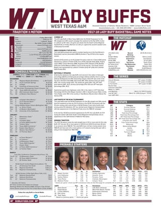 GOBUFFSGO.COM
LADY BUFFSAssistant Director of Athletic Media Relations / WBB Contact: Brent Seals
bseals@wtamu.edu | (O): 806-651-4442 | www.GoBuffsGo.com
2017-18 LADY BUFF BASKETBALL GAME NOTES
GAME#32
SCHEDULE/RESULTS
THE MATCHUP
THE SERIES
THE STATS
PROBABLE STARTERS
27-4 (16-4 LSC)
21st
Kristen Mattio
3rd Season
81-18 (.818)
Hightower (14.2)
M. Parker (6.3)
Gamble (3.6)
@LadyBuffHoops
GoBuffsGo.com
Record
Ranking
Head Coach
Experience
Record
Top Scorer
Top Rebounder
Top Assists
Twitter
Website
20-10 (10-4 HLC)
---
Elena Lovato
2nd Season
37-23 (.617)
Taylor (13.4)
Taylor (9.3)
Williams (4.8)
@UAFSSports
UAFortSmithLions.com
Overall (Streak):.....................................................WT Leads 3-0 (W3)
In Canyon:............................................................. WT Leads 2-0 (W2)
In Fort Smith:........................................................... WT Leads 1-0 (W1)
Neutral Site:..............................................................................................
Unknown Date/Site:................................................................................
Mattio vs. UAFS:.......................................................................................
Last Meeting:.............................................. March 14, 2015 (Canyon)
Last WT Win:.................................March 14, 2015 (Canyon / 70-57)
Last UAFS Win:.........................................................................................
WT
71.2
53.6
+17.6
.486
.330
.367
.267
5.6
.685
40.5
+10.4
17.5
18.3
-1.9
8.6
5.4
Category
Scoring Offense
Scoring Defense
Scoring Margin
Field Goal Percentage
Field Goal Percentage Def.
3PT Field Goal Percentage
3PT Field Goal Percentage Def.
3-Pointers Per Game
Free Throw Percentage
Rebounds
Rebounding Margin
Assists
Turnovers
Turnover Margin
Steals
Blocks
UAFS
70.5
61.2
+9.3
.445
.405
.331
.277
6.7
.624
35.9
+0.9
14.7
15.3
+3.7
10.4
2.5
WT 		 Pos. 	 Ht. 	 Yr. 	 Hometown 	 PPG 	 RPG 	 APG 	 FG% 	 3FG% 	 FT%
3	 Megan Gamble	 G	 5-7	 So.	 Omaha, Nebraska	 4.6	 2.7	 3.6	 .474	 .414	 .588
4	 Lexy Hightower	 G	 5-8	 So.	 Amarillo, Texas	 14.2	 2.6	 1.8	 .462	 .435	 .797
10	 Sydney Walton	 G	 5-8	 Sr.	 Perryton, Texas	 4.8	 2.2	 2.4	 .421	 .306	 .717
20	 Tiana Parker	 P	 6-5	 Jr.	 Chehalis, Washington	 7.7	 5.5	 2.5^	 .500	 .000	 .515
42	 Madison Parker	 F	 5-10	 Sr.	 Canyon, Texas	 10.7	 6.3	 2.0	 .578	 .286	 .728
^ blocks per game | check out WT’s broadcast notes on the final page for complete info on all the Lady Buffs
UAFS	 Pos. 	 Ht. 	 Yr. 	 Hometown 	 PPG 	 RPG 	 APG 	 FG% 	 3FG% 	 FT%
1	 Alexis Brown	 G	 5-6	 Sr.	 Little Rock, Arkansas	 6.0	 4.0	 2.1	 .409	 .238	 .658
2	 Daijah Brown	 G/F	 5-8	 Jr.	 West Palm Beach, Florida	 6.1	 2.2	 0.9	 .464	 .179	 .404
4	 Lundon Williams	 F	 5-6	 Jr.	 Greenwood, Arkansas	 9.6	 1.9	 4.8	 .446	 .374	 .861
34	 Ellie Lehne	 F	 6-2	 Jr.	 Byron, Illinois	 6.9	 2.0	 0.8	 .429	 .426	 .698
40	 Tayla Taylor	 F	 6-1	 Sr.	 Marlin, Texas	 13.4	 9.3	 0.6^	 .590	 .000	 .519
* - Based on previous game | ^ blocks per game
OVERALL: 27-4 | LONE STAR: 16-4 | STREAK: W12
HOME: 11-3 | AWAY: 12-1 | NEUTRAL: 4-0
NOVEMBER
Sat.	 4	 Wayland Baptist (Exhibition)		L, 68-73 (OT)
Fri.	 10	 at UC-Colorado Springs		 W, 61-34
Sat.	 11	 at Regis		 W, 58-53
Thu.	 16	 University of Science & Arts		 W, 60-49
WT Pak-A-Sak Thanksgiving Classic (Canyon, TX)
Thu.	 24	 Texas A&M-International		 W, 89-63
Fri. 	 25	 (RV) Colorado State-Pueblo		 W, 65-49
Thu.	 30	 at Western New Mexico *		 W, 57-43
DECEMBER
Sat.	 2	 at Eastern New Mexico *		 W, 61-44
Tue.	 5	 at UT Permian Basin *		 W, 75-48
Thu.	 7	 Texas Woman’s *		 W, 81-61
Viking Holiday Hoops Classic (Bellingham, WA)
Mon.	 18	 vs. Simon Frasier		 W, 78-59
Tue. 	 19	 at Western Washington		 W, 78-62
Fri.	 29	 University of the Southwest		 W, 118-56
JANUARY
Thu.	 4	 Midwestern State *		 W, 64-46
Sat. 	 6	 Cameron *		 W, 70-49
Thu. 	 11	 at Angelo State *		 L, 51-68
Sat.	 13	 at Texas A&M-Kingsville *		 W, 79-40
Thu. 	 18	 Tarleton State *		 L, 64-66
Sat. 	 20	 Texas A&M-Commerce *		 L, 55-59
Thu.	 25	 Eastern New Mexico *		L, 71-73 (OT)
Sat.	 27	 Western New Mexico *		 W, 58-46
Tue.	 30	 UT Permian Basin *		 W, 72-36
FEBRUARY
Sat.	 3	 at Texas Woman’s *		 W, 74-38
Thu.	 8	 at Cameron *		 W, 70-61
Sat.	 10	 at Midwestern State *		 W, 78-67
Thu.	 15	 Texas A&M-Kingsville *		 W, 74-58
Sat.	 17	 Angelo State *		 W, 71-62
Thu.	 22	 at Texas A&M-Commerce *		 W, 69-43
Sat.	 24	 at Tarleton State *		 W, 87-60
MARCH
Lone Star Conference Championship (Frisco, TX)
Thu/Fr.	1/2	 (7) Midwestern State		 W, 70-49
Sat.	 3	 (3) Texas A&M-Commerce		 W, 68-55
Sun.	 4	 (5) Tarleton State		 W, 80-66
NCAA South Central Regionals (Lubbock, TX)
Fri.	 9	 (7) Arkansas-Fort Smith		 2:30 p.m.
Sat.	 10	 Regional Semifinals		 5:00 p.m.
Mon.	 12	 Regional Championship		 7:00 p.m.
NCAA Division II Elite Eight (Sioux Falls, S.D.)
Tue.	 20	 National Quarterfinals		 T.B.D.
Wed.	 21	 National Semifinals		 T.B.D.
Fri.	 23	 National Championship		 T.B.D.
* - Denotes LSC Game
All Times Central and Subject to Change
Rankings Refelct the Newest NABC Division II Top-25 Poll
Home Games played at the First United Bank Center (FUBC)
WEST TEXAS A&M
COMING UP
The #21 Lady Buffs of West Texas A&M enter the NCAA Postseason for the
fifth straight and 24th overall campaign this weekend at the Rip Griffin Center
in Lubbock as WT rides a 12-game win streak into the South Central Regional
Quarterfinals on Friday afternoon at 2:30 p.m. against the seventh seeded Lions
of Arkansas-Fort Smith.
WBCA DIVISION II TOP-25 POLL
The Lady Buffs jumped two spots to number twenty-one in the final Women’s
Basketball Coaches Association (WBCA) Division II Top-25 Poll of the regular
season.
Ashland (31-0) picked up all 24 possible first place votes for a total of 600 points
followed by Lubbock Christian (574), Drury (533), Glenville State (503), Virginia
Union (499), Carson-Newman (489), Augustana (417), Edinboro (374), Bentley
(370) and Central Missouri (355) to round out the top ten. The South Central
Region was represented by Lubbock Christian (2nd), WT (21st) and Colorado
State-Pueblo (RV).
NATIONALLY SPEAKING
Entering the weekend, the Lady Buffs rank second in the nation in field goal
percentage (48.6%) and field goal percentage defense (33.0%), third in scoring
defense (53.6/game) and fifth rebounding margin (+10.4). WT also ranks in the
Top-20 in blocked shots (168), total assists (8th, 542), blocked shots per game
(10th, 5.4), scoring margin (12th, 7.5), assists per game (13th, 17.5), 3PT field
goal defense (16th, 26.7), win/loss percentage (17th, 87.1) and 3PT field goal
percentage (19th, 36.7).
Sophomore guard Lexy Hightower ranks 12th in the nation in 3-PT Field Goal
Percentage (43.5%) while Megan Gamble is 39th in Assist/Turnover Ratio (+2.02),
Tiana Parker ranks 19th in the country in Total Blocks (76) and 23rd in Blocks Per
Game (2.45).
LADY BUFFS IN THE NCAA TOURNAMENT
The Lady Buffs enter the NCAA Postseason for the fifth straight and 24th overall
time this weekend as they are 35-23 all-time in the NCAA Tournament with the
35 wins ranking sixth-most all-time in NCAA Division II and ranks fourth-most
among active DII institutions. WT has claimed seven Regional Championships
with two appearances in the National Finals since the 1986-87 campaign.
In the last four NCAA tournament appearances for WT, the Lady Buffs are 13-4
during the stretch with three South Central Regional Championships and an
appearance in the 2014 Division II National Title Game.
WINNING TRADITION
The 2017-18 season marks the sixth-straight year of 20 or more wins for the Lady
Buffs. WT has won 30 or more games in 2013-14 and 2014-15 and have 30 wins
in six seasons since 1980-81. The Lady Buffs have not had a losing season since
1980-81 and have won 20 or more games in 27 seasons during that span with a
string of nine-straight from 1983-1992.
Date:..........................................................Friday, March 9th
Time:.................................................................. 2:30 p.m. CT
Location:...................................................... Lubbock, Texas
Venue:.......................................Rip Griffin Center (1,950)
Webstream:.......................................www.LCUChaps.com
Provider:...................................................................Stretch
Live Stats:..........................................www.LCUChaps.com
Provider:......................................................StatBroadcast
Radio:........................................................98.7 Lone Star FM
Talent:.........................Lucas Kinsey (@LucasKinseyWT)
Online:....................................................LoneStar987.com
Website:............................................ www.GoBuffsGo.com
Twitter:..............................................................@WTAthletics
Facebook:..................................................com/WTAthletics
Instagram:...............................................@WTAMUAthletics
YouTube:....................................................com/WTAthletics
Follow the Lady Buffs on Social Media
.com/LadyBuffHoops @LadyBuffHoops
 