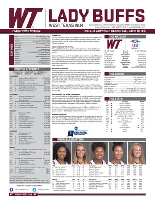 GOBUFFSGO.COM
LADY BUFFSAssistant Director of Athletic Media Relations / WBB Contact: Brent Seals
bseals@wtamu.edu | (O): 806-651-4442 | www.GoBuffsGo.com
2017-18 LADY BUFF BASKETBALL GAME NOTES
GAME#33
SCHEDULE/RESULTS
THE MATCHUP
THE SERIES
THE STATS
PROBABLE STARTERS
28-4 (16-4 LSC)
21st
Kristen Mattio
3rd Season
82-18 (.820)
Hightower (14.6)
M. Parker (6.2)
Gamble (3.7)
@LadyBuffHoops
GoBuffsGo.com
Record
Ranking
Head Coach
Experience
Record
Top Scorer
Top Rebounder
Top Assists
Twitter
Website
23-8 (17-5 RMAC)
---
Tanya Haave
8th Season
202-71 (.740)
Ohrdorf (15.2)
Gordon (7.4)
Smith (4.8)
@MetroStSports
RoadrunnerAthletics.com
Overall (Streak):....................................................... WT Leads 8-3 (L1)
In Canyon:..................................................................WT Leads 7-1 (L1)
In Denver:................................................................... WT Leads 1-1 (L1)
Neutral Site:............................................................ WT Leads 1-0 (W1)
Unknown Date/Site:................................................................................
Mattio vs. MSUD:.....................................................................................
Last Meeting:......................................November 25, 2011 (Canyon)
Last WT Win:........................November 20, 2009 (Pueblo / 57-44)
Last MSUD Win:..................November 25, 2011 (Canyon / 66-65)
WT
71.5
54.0
+17.5
.486
.334
.367
.271
5.5
.696
40.3
+10.4
17.4
18.3
-1.8
8.7
5.4
Category
Scoring Offense
Scoring Defense
Scoring Margin
Field Goal Percentage
Field Goal Percentage Def.
3PT Field Goal Percentage
3PT Field Goal Percentage Def.
3-Pointers Per Game
Free Throw Percentage
Rebounds
Rebounding Margin
Assists
Turnovers
Turnover Margin
Steals
Blocks
MSUD
67.7
60.5
+7.4
.420
.368
.298
.282
4.2
.747
39.7
+6.2
11.9
13.9
+0.8
6.9
2.5
WT 		 Pos. 	 Ht. 	 Yr. 	 Hometown 	 PPG 	 RPG 	 APG 	 FG% 	 3FG% 	 FT%
3	 Megan Gamble	 G	 5-7	 So.	 Omaha, Nebraska	 4.5	 2.7	 3.7	 .459	 .400	 .597
4	 Lexy Hightower	 G	 5-8	 So.	 Amarillo, Texas	 14.6	 2.6	 1.8	 .470	 .440	 .800
10	 Sydney Walton	 G	 5-8	 Sr.	 Perryton, Texas	 4.9	 2.3	 2.5	 .425	 .300	 .729
20	 Tiana Parker	 P	 6-5	 Jr.	 Chehalis, Washington	 8.2	 5.6	 2.6^	 .507	 .000	 .562
42	 Madison Parker	 F	 5-10	 Sr.	 Canyon, Texas	 10.5	 6.2	 1.9	 .574	 .286	 .728
^ blocks per game | check out WT’s broadcast notes on the final page for complete info on all the Lady Buffs
MSUD	 Pos. 	 Ht. 	 Yr. 	 Hometown 	 PPG 	 RPG 	 APG 	 FG% 	 3FG% 	 FT%
4	 Jaelynn Smith	 G	 57	 Jr.	 Denver, Colorado	 11.1	 5.0	 4.8	 .361	 .221	 .789
11	 J’Nae Squires-Horton	 G	 5-8	 Sr.	 Colorado Springs, Colorado	 12.3	 2.3	 1.4	 .347	 .284	 .841
12	 Georgia Ohrdorf	 F	 6-0	 Sr.	 Wollongong, Australia	 15.2	 6.6	 0.6^	 .563	 .000	 .736
23	 Jonalyn Wittwer	 G	 5-7	 Fr.	 Caledonia, Minnesota	 6.4	 3.0	 1.5	 .385	 .385	 .857
41	 Emily Hartegan	 F	 6-0	 Jr.	 Wylie, Texas	 9.1	 5.2	 0.7	 .508	 .000	 .875
* - Based on previous game | ^ blocks per game
OVERALL: 28-4 | LONE STAR: 16-4 | STREAK: W13
HOME: 11-3 | AWAY: 12-1 | NEUTRAL: 5-0
NOVEMBER
Sat.	 4	 Wayland Baptist (Exhibition)		L, 68-73 (OT)
Fri.	 10	 at UC-Colorado Springs		 W, 61-34
Sat.	 11	 at Regis		 W, 58-53
Thu.	 16	 University of Science & Arts		 W, 60-49
WT Pak-A-Sak Thanksgiving Classic (Canyon, TX)
Thu.	 24	 Texas A&M-International		 W, 89-63
Fri. 	 25	 (RV) Colorado State-Pueblo		 W, 65-49
Thu.	 30	 at Western New Mexico *		 W, 57-43
DECEMBER
Sat.	 2	 at Eastern New Mexico *		 W, 61-44
Tue.	 5	 at UT Permian Basin *		 W, 75-48
Thu.	 7	 Texas Woman’s *		 W, 81-61
Viking Holiday Hoops Classic (Bellingham, WA)
Mon.	 18	 vs. Simon Frasier		 W, 78-59
Tue. 	 19	 at Western Washington		 W, 78-62
Fri.	 29	 University of the Southwest		 W, 118-56
JANUARY
Thu.	 4	 Midwestern State *		 W, 64-46
Sat. 	 6	 Cameron *		 W, 70-49
Thu. 	 11	 at Angelo State *		 L, 51-68
Sat.	 13	 at Texas A&M-Kingsville *		 W, 79-40
Thu. 	 18	 Tarleton State *		 L, 64-66
Sat. 	 20	 Texas A&M-Commerce *		 L, 55-59
Thu.	 25	 Eastern New Mexico *		L, 71-73 (OT)
Sat.	 27	 Western New Mexico *		 W, 58-46
Tue.	 30	 UT Permian Basin *		 W, 72-36
FEBRUARY
Sat.	 3	 at Texas Woman’s *		 W, 74-38
Thu.	 8	 at Cameron *		 W, 70-61
Sat.	 10	 at Midwestern State *		 W, 78-67
Thu.	 15	 Texas A&M-Kingsville *		 W, 74-58
Sat.	 17	 Angelo State *		 W, 71-62
Thu.	 22	 at Texas A&M-Commerce *		 W, 69-43
Sat.	 24	 at Tarleton State *		 W, 87-60
MARCH
Lone Star Conference Championship (Frisco, TX)
Thu/Fr.	1/2	 (7) Midwestern State		 W, 70-49
Sat.	 3	 (3) Texas A&M-Commerce		 W, 68-55
Sun.	 4	 (5) Tarleton State		 W, 80-66
NCAA South Central Regionals (Lubbock, TX)
Fri.	 9	 (7) Arkansas-Fort Smith		 W, 81-66
Sat.	 10	 (6) Metro State		 5:00 p.m.
Mon.	 12	 Regional Championship		 7:00 p.m.
NCAA Division II Elite Eight (Sioux Falls, S.D.)
Tue.	 20	 National Quarterfinals		 T.B.D.
Wed.	 21	 National Semifinals		 T.B.D.
Fri.	 23	 National Championship		 T.B.D.
* - Denotes LSC Game
All Times Central and Subject to Change
Rankings Refelct the Newest NABC Division II Top-25 Poll
Home Games played at the First United Bank Center (FUBC)
WEST TEXAS A&M
COMING UP
The #21 Lady Buffs of West Texas A&M take on the Roadrunners of Metro State
in the South Central Regional Semifinals on Saturday night in Lubbock, Texas
with tipoff set for 5 p.m. at the Rip Griffin Center on the campus of Lubbock
Christian University.
WBCA DIVISION II TOP-25 POLL
The Lady Buffs jumped two spots to number twenty-one in the final Women’s
Basketball Coaches Association (WBCA) Division II Top-25 Poll of the regular
season.
Ashland (31-0) picked up all 24 possible first place votes for a total of 600 points
followed by Lubbock Christian (574), Drury (533), Glenville State (503), Virginia
Union (499), Carson-Newman (489), Augustana (417), Edinboro (374), Bentley
(370) and Central Missouri (355) to round out the top ten. The South Central
Region was represented by Lubbock Christian (2nd), WT (21st) and Colorado
State-Pueblo (RV).
NATIONALLY SPEAKING
Entering the weekend, the Lady Buffs rank second in the nation in field goal
percentage (48.6%) and field goal percentage defense (33.0%), third in scoring
defense (53.6/game) and fifth rebounding margin (+10.4). WT also ranks in the
Top-20 in blocked shots (168), total assists (8th, 542), blocked shots per game
(10th, 5.4), scoring margin (12th, 7.5), assists per game (13th, 17.5), 3PT field
goal defense (16th, 26.7), win/loss percentage (17th, 87.1) and 3PT field goal
percentage (19th, 36.7).
Sophomore guard Lexy Hightower ranks 12th in the nation in 3-PT Field Goal
Percentage (43.5%) while Megan Gamble is 39th in Assist/Turnover Ratio (+2.02),
Tiana Parker ranks 19th in the country in Total Blocks (76) and 23rd in Blocks Per
Game (2.45).
LADY BUFFS IN THE NCAA TOURNAMENT
The Lady Buffs enter the NCAA Postseason for the fifth straight and 24th overall
time this weekend as they are 36-23 all-time in the NCAA Tournament with the
36 wins ranking sixth-most all-time in NCAA Division II and ranks fourth-most
among active DII institutions. WT has claimed seven Regional Championships
with two appearances in the National Finals since the 1986-87 campaign.
In the last five NCAA tournament appearances for WT, the Lady Buffs are 14-4
during the stretch with three South Central Regional Championships and an
appearance in the 2014 Division II National Title Game.
WINNING TRADITION
The 2017-18 season marks the sixth-straight year of 20 or more wins for the Lady
Buffs. WT has won 30 or more games in 2013-14 and 2014-15 and have 30 wins
in six seasons since 1980-81. The Lady Buffs have not had a losing season since
1980-81 and have won 20 or more games in 27 seasons during that span with a
string of nine-straight from 1983-1992.
Date:................................................... Saturday, March 10th
Time:..................................................................5:00 p.m. CT
Location:...................................................... Lubbock, Texas
Venue:.......................................Rip Griffin Center (1,950)
Webstream:.......................................www.LCUChaps.com
Provider:...................................................................Stretch
Live Stats:..........................................www.LCUChaps.com
Provider:......................................................StatBroadcast
Radio:........................................................98.7 Lone Star FM
Talent:.........................Lucas Kinsey (@LucasKinseyWT)
Online:....................................................LoneStar987.com
Website:............................................ www.GoBuffsGo.com
Twitter:..............................................................@WTAthletics
Facebook:..................................................com/WTAthletics
Instagram:...............................................@WTAMUAthletics
YouTube:....................................................com/WTAthletics
Follow the Lady Buffs on Social Media
.com/LadyBuffHoops @LadyBuffHoops
 