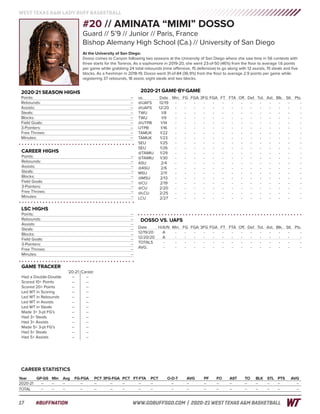 17
WEST TEXAS A&M LADY BUFF BASKETBALL
#BUFFNATION 	 WWW.GOBUFFSGO.COM | 2020-21 WEST TEXAS A&M BASKETBALL
CAREER STATISTICS
Year	 GP-GS	Min	Avg	FG-FGA	PCT	3FG-FGA	PCT	FT-FTA	PCT	 O-D-T	 AVG	 PF	FO	AST	TO	BLK	STL	PTS	AVG
2020-21	--	--	--	 --	 --	 --	 --	 --	 --	 --	 --	 --	 --	 --	 --	--	--	--	 --
TOTAL	 --	--	--	 --	 --	 --	 --	 --	 --	 --	 --	 --	 --	 --	 --	--	--	--	 --
CAREER HIGHS
Points: 	 --
Rebounds:	--
Assists: 	 --
Steals: 	 --
Blocks: 	 --
Field Goals: 	 --
3-Pointers: 	 --
Free Throws: 	 --
Minutes: 	 --
2020-21 SEASON HIGHS
Points: 	 --
Rebounds:	--
Assists: 	 --
Steals: 	 --
Blocks: 	 --
Field Goals: 	 --
3-Pointers: 	 --
Free Throws: 	 --
Minutes: 	 --
GAME TRACKER
	‘20-21 	Career
Had a Double-Double 	 --	 --
Scored 10+ Points 	 --	 --
Scored 20+ Points 	 --	 --
Led WT in Scoring 	 --	 --
Led WT in Rebounds 	 --	 --
Led WT in Assists 	 --	 --
Led WT in Steals 	 --	 --
Made 3+ 3-pt FG’s 	 --	 --
Had 3+ Steals 	 --	 --
Had 3+ Assists	 --	 --
Made 5+ 3-pt FG’s 	 -- 	 --
Had 5+ Steals 	 --	 --
Had 5+ Assists	 --	 --
LSC HIGHS
Points: 	 --
Rebounds:	--
Assists: 	 --
Steals: 	 --
Blocks: 	 --
Field Goals: 	 --
3-Pointers: 	 --
Free Throws: 	 --
Minutes: 	 --
2020-21 GAME-BY-GAME
vs.			 Date	 Min.	 FG	 FGA	3FG	FGA	 FT	 FTA	 Off.	 Def.	 Tot.	 Ast.	 Blk.	 Stl.	 Pts.
@UAFS		12/19	-	-	-	-	-	-	-	-	-	-	-	-	-	 -
@UAFS		12/20	-	-	-	-	-	-	-	-	-	-	-	-	-	 -
TWU			1/8	 -	-	-	-	-	-	-	-	-	-	-	-	-	 -
TWU			1/9	 -	-	-	-	-	-	-	-	-	-	-	-	-	 -
@UTPB		1/14	-	-	-	-	-	-	-	-	-	-	-	-	-	 -
UTPB		1/16	-	-	-	-	-	-	-	-	-	-	-	-	-	 -
TAMUK		1/22	-	-	-	-	-	-	-	-	-	-	-	-	-	 -
TAMUK		1/23	-	-	-	-	-	-	-	-	-	-	-	-	-	 -
SEU			1/25	-	-	-	-	-	-	-	-	-	-	-	-	-	 -
SEU			1/26	-	-	-	-	-	-	-	-	-	-	-	-	-	 -
@TAMIU		1/29	-	-	-	-	-	-	-	-	-	-	-	-	-	 -
@TAMIU		1/30	-	-	-	-	-	-	-	-	-	-	-	-	-	 -
ASU			2/4	-	-	-	-	-	-	-	-	-	-	-	-	-	 -
@ASU		2/6	-	-	-	-	-	-	-	-	-	-	-	-	-	 -
MSU			2/11	-	-	-	-	-	-	-	-	-	-	-	-	-	 -
@MSU		2/13	-	-	-	-	-	-	-	-	-	-	-	-	-	 -
@CU			2/19	-	-	-	-	-	-	-	-	-	-	-	-	-	 -
@CU			2/20	-	-	-	-	-	-	-	-	-	-	-	-	-	 -
@LCU		2/25	-	-	-	-	-	-	-	-	-	-	-	-	-	 -
LCU			2/27	-	-	-	-	-	-	-	-	-	-	-	-	-	 -
DOSSO VS. UAFS
Date			H/A/N	 Min.	 FG	 FGA	3FG	FGA	 FT	 FTA	 Off.	 Def.	 Tot.	 Ast.	 Blk.	 Stl.	 Pts.
12/19/20		A	 -	-	-	-	-	-	-	-	-	-	-	-	-	 -
12/20/20		A	 -	-	-	-	-	-	-	-	-	-	-	-	-	 -
TOTALS		-	 -	-	-	-	-	-	-	-	-	-	-	-	-	 -
AVG.			-	 -	-	-	-	-	-	-	-	-	-	-	-	-	 -
#20 // AMINATA “MIMI” DOSSO
Guard // 5’9 // Junior // Paris, France
Bishop Alemany High School (Ca.) // University of San Diego
At the University of San Diego:
Dosso comes to Canyon following two seasons at the University of San Diego where she saw time in 56 contests with
three starts for the Toreros. As a sophomore in 2019-20, she went 23-of-50 (46%) from the floor to average 1.6 points
per game while grabbing 24 total rebounds (nine offensive, 15 defensive) to go along with 12 assists, 15 steals and five
blocks. As a freshman in 2018-19, Dosso went 31-of-84 (36.9%) from the floor to average 2.9 points per game while
registering 37 rebounds, 18 assist, eight steals and two blocks.
 