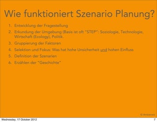 Wie funktioniert Szenario Planung?
     1. Entwicklung der Fragestellung
     2. Erkundung der Umgebung (Basis ist oft “STEP”: Soziologie, Technologie,
        Wirtschaft (Ecology), Politik.
     3. Gruppierung der Faktoren
     4. Selektion und Fokus: Was hat hohe Unsicherheit und hohen Einﬂuss
     5. Deﬁnition der Szenarien
     6. Erzählen der “Geschichte”




                                                                            © Amberwiz
Wednesday, 17 October 2012                                                           7
 
