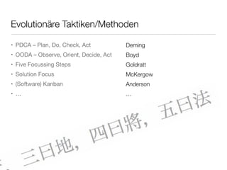 Evolutionäre Taktiken/Methoden

• PDCA – Plan, Do, Check, Act           Deming
• OODA – Observe, Orient, Decide, Act   Boyd
• Five Focussing Steps                  Goldratt
• Solution Focus                        McKergow
• (Software) Kanban                     Anderson
• …                                     …
 