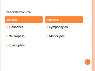 CLASSIFICATION
 Basophils
 Neutrophils
 Eosinophils
 Lymphocytes
 Monocytes
Granular Agranular
 