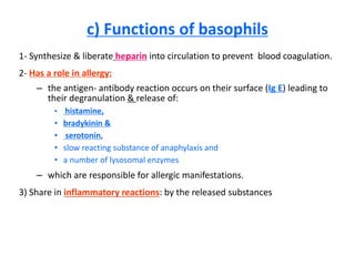 c) Functions of basophils
1- Synthesize & liberate heparin into circulation to prevent blood coagulation.
2- Has a role in allergy:
– the antigen- antibody reaction occurs on their surface (Ig E) leading to
their degranulation & release of:
• histamine,
• bradykinin &
• serotonin,
• slow reacting substance of anaphylaxis and
• a number of lysosomal enzymes
– which are responsible for allergic manifestations.
3) Share in inflammatory reactions: by the released substances
 