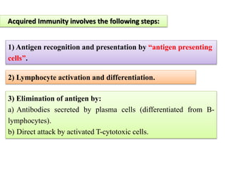 Acquired Immunity involves the following steps:
1) Antigen recognition and presentation by “antigen presenting
cells”.
2) Lymphocyte activation and differentiation.
3) Elimination of antigen by:
a) Antibodies secreted by plasma cells (differentiated from B-
lymphocytes).
b) Direct attack by activated T-cytotoxic cells.
 