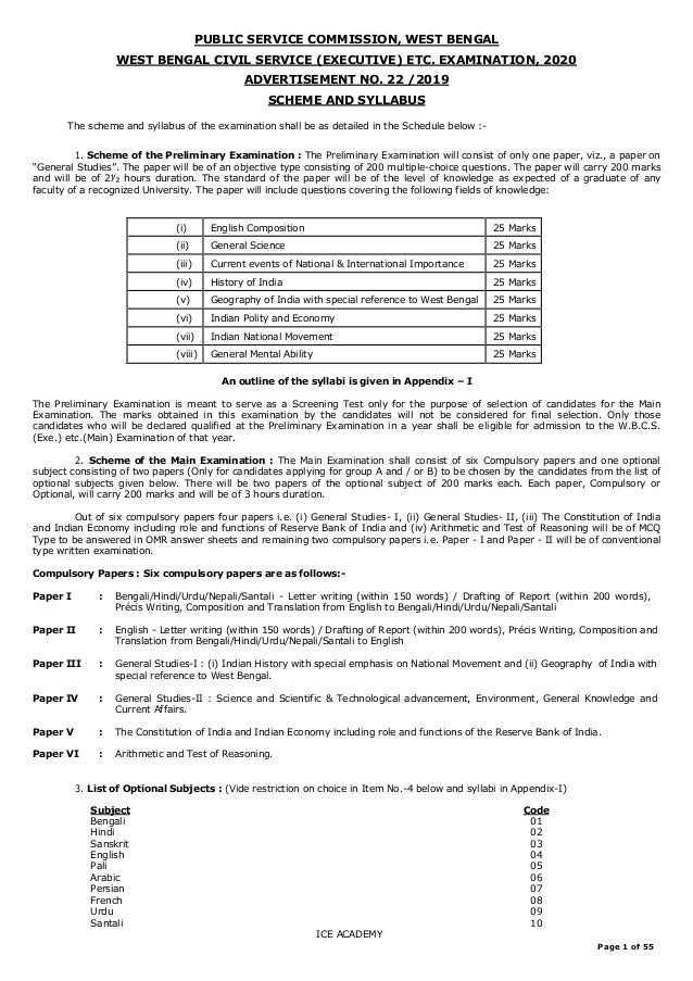 Page 1 of 55
PUBLIC SERVICE COMMISSION, WEST BENGAL
WEST BENGAL CIVIL SERVICE (EXECUTIVE) ETC. EXAMINATION, 2020
ADVERTISEMENT NO. 22 /2019
SCHEME AND SYLLABUS
The scheme and syllabus of the examination shall be as detailed in the Schedule below :-
1. Scheme of the Preliminary Examination : The Preliminary Examination will consist of only one paper, viz., a paper on
“General Studies”. The paper will be of an objective type consisting of 200 multiple-choice questions. The paper will carry 200 marks
and will be of 2½ hours duration. The standard of the paper will be of the level of knowledge as expected of a graduate of any
faculty of a recognized University. The paper will include questions covering the following fields of knowledge:
(i) English Composition 25 Marks
(ii) General Science 25 Marks
(iii) Current events of National & International Importance 25 Marks
(iv) History of India 25 Marks
(v) Geography of India with special reference to West Bengal 25 Marks
(vi) Indian Polity and Economy 25 Marks
(vii) Indian National Movement 25 Marks
(viii) General Mental Ability 25 Marks
An outline of the syllabi is given in Appendix – I
The Preliminary Examination is meant to serve as a Screening Test only for the purpose of selection of candidates for the Main
Examination. The marks obtained in this examination by the candidates will not be considered for final selection. Only those
candidates who will be declared qualified at the Preliminary Examination in a year shall be eligible for admission to the W.B.C.S.
(Exe.) etc.(Main) Examination of that year.
2. Scheme of the Main Examination : The Main Examination shall consist of six Compulsory papers and one optional
subject consisting of two papers (Only for candidates applying for group A and / or B) to be chosen by the candidates from the list of
optional subjects given below. There will be two papers of the optional subject of 200 marks each. Each paper, Compulsory or
Optional, will carry 200 marks and will be of 3 hours duration.
Out of six compulsory papers four papers i.e. (i) General Studies- I, (ii) General Studies- II, (iii) The Constitution of India
and Indian Economy including role and functions of Reserve Bank of India and (iv) Arithmetic and Test of Reasoning will be of MCQ
Type to be answered in OMR answer sheets and remaining two compulsory papers i.e. Paper - I and Paper - II will be of conventional
type written examination.
Compulsory Papers : Six compulsory papers are as follows:-
Paper I : Bengali/Hindi/Urdu/Nepali/Santali - Letter writing (within 150 words) / Drafting of Report (within 200 words),
Précis Writing, Composition and Translation from English to Bengali/Hindi/Urdu/Nepali/Santali
Paper II : English - Letter writing (within 150 words) / Drafting of Report (within 200 words), Précis Writing, Composition and
Translation from Bengali/Hindi/Urdu/Nepali/Santali to English
Paper III : General Studies-I : (i) Indian History with special emphasis on National Movement and (ii) Geography of India with
special reference to West Bengal.
Paper IV : General Studies-II : Science and Scientific & Technological advancement, Environment, General Knowledge and
Current Affairs.
Paper V : The Constitution of India and Indian Economy including role and functions of the Reserve Bank of India.
Paper VI : Arithmetic and Test of Reasoning.
3. List of Optional Subjects : (Vide restriction on choice in Item No.-4 below and syllabi in Appendix-I)
Subject Code
Bengali 01
Hindi 02
Sanskrit 03
English 04
Pali 05
Arabic 06
Persian 07
French 08
Urdu 09
Santali 10
ICE ACADEMY
 