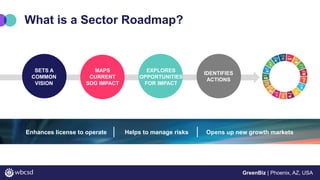 GreenBiz | Phoenix, AZ, USAGreenBiz | Phoenix, AZ, USA
What is a Sector Roadmap?
SETS A
COMMON
VISION
MAPS
CURRENT
SDG IMP...