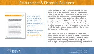Procurement & Financial Solutions
xeeva.com
results@xeeva.com
Xeeva provides procure to pay software that embeds
best practices and intelligence into our product while
keeping that complexity transparent to the end-user –
an Amazon-like experience but with cognitive power
like IBM’s Watson – providing super smart advice all
along the way. Xeeva P2P is pure cloud, and through
use of our proprietary configurable SaaS technology,
clients are up and running in days or weeks, not months
– with the ability to scale up, down, left or right to meet
the needs of their business.
With Xeeva P2P as the transactional backbone for all
global indirect and MRO purchasing activity, we provide
you with highly granular and real-time visibility into the
fragmented spend coursing through the enterprise,
increasing the managed spend per purchasing professional.
Align your team
around essential
[SUM] Spend
Under Management
principles.
Download our free
whitepaper at -
bit.ly/XeevaSUM
 