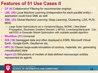 Features of 51 Use Cases II
• CF (4) Collaborative Filtering for recommender engines
• LML (36) Local Machine Learning (Independent for each parallel entity) –
application could have GML as well
• GML (23) Global Machine Learning: Deep Learning, Clustering, LDA, PLSI,
MDS,
– Large Scale Optimizations as in Variational Bayes, MCMC, Lifted Belief
Propagation, Stochastic Gradient Descent, L-BFGS, Levenberg-Marquardt . Can
call EGO or Exascale Global Optimization with scalable parallel algorithm
• Workflow (51) Universal
• GIS (16) Geotagged data and often displayed in ESRI, Microsoft Virtual
Earth, Google Earth, GeoServer etc.
• HPC(5) Classic large-scale simulation of cosmos, materials, etc. generating
(visualization) data
• Agent (2) Simulations of models of data-defined macroscopic entities
represented as agents
1112/14/2015
 