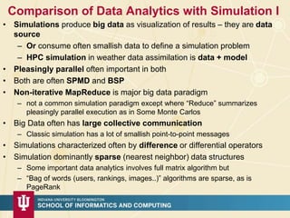 Comparison of Data Analytics with Simulation I
• Simulations produce big data as visualization of results – they are data
source
– Or consume often smallish data to define a simulation problem
– HPC simulation in weather data assimilation is data + model
• Pleasingly parallel often important in both
• Both are often SPMD and BSP
• Non-iterative MapReduce is major big data paradigm
– not a common simulation paradigm except where “Reduce” summarizes
pleasingly parallel execution as in Some Monte Carlos
• Big Data often has large collective communication
– Classic simulation has a lot of smallish point-to-point messages
• Simulations characterized often by difference or differential operators
• Simulation dominantly sparse (nearest neighbor) data structures
– Some important data analytics involves full matrix algorithm but
– “Bag of words (users, rankings, images..)” algorithms are sparse, as is
PageRank
 