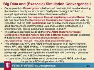Big Data and (Exascale) Simulation Convergence I
• Our approach to Convergence is built around two ideas that avoid addressing
the hardware directly as with modern DevOps technology it isn’t hard to
retarget applications between different hardware systems.
• Rather we approach Convergence through applications and software. This
talk has described the Convergence Diamonds Convergence that unify Big
Simulation and Big Data applications and so allow one to more easily identify
good approaches to implement Big Data and Exascale applications in a
uniform fashion. This is summarized on Slides III and IV
• The software approach builds on the HPC-ABDS High Performance
Computing enhanced Apache Big Data Software Stack concept described
in Slide II (http://dsc.soic.indiana.edu/publications/HPC-
ABDSDescribed_final.pdf, http://hpc-abds.org/kaleidoscope/ )
• This arranges key HPC and ABDS software together in 21 layers showing
where HPC and ABDS overlap. It for example, introduces a communication
layer to allow ABDS runtime like Hadoop Storm Spark and Flink to use the
richest high performance capabilities shared with MPI Generally it proposes
how to use HPC and ABDS software together.
– Layered Architecture offers some protection to rapid ABDS technology
change (for ABDS independent of HPC)
4512/14/2015
 