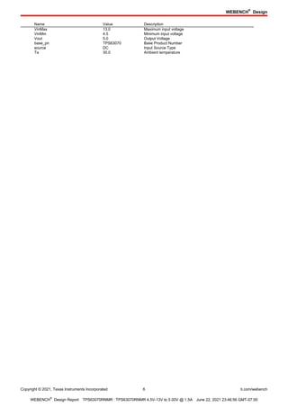 WEBENCH
®
Design
Copyright © 2021, Texas Instruments Incorporated 6 ti.com/webench
WEBENCH
®
Design Report TPS63070RNMR : TPS63070RNMR 4.5V-13V to 5.00V @ 1.5A June 22, 2021 23:46:56 GMT-07:00
Name Value Description
VinMax 13.0 Maximum input voltage
VinMin 4.5 Minimum input voltage
Vout 5.0 Output Voltage
base_pn TPS63070 Base Product Number
source DC Input Source Type
Ta 30.0 Ambient temperature
 