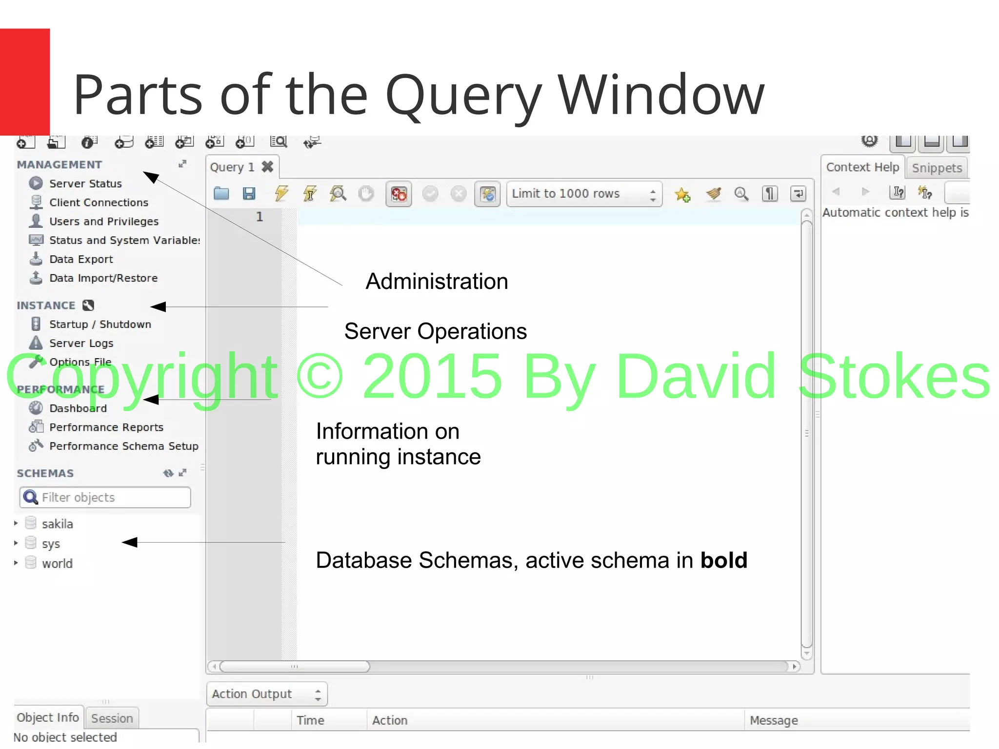 12 Parts of the Query Window Database Schemas, active schema in bold Information on running instance Server Operations Administration Copyright © 2015 By David Stokes 