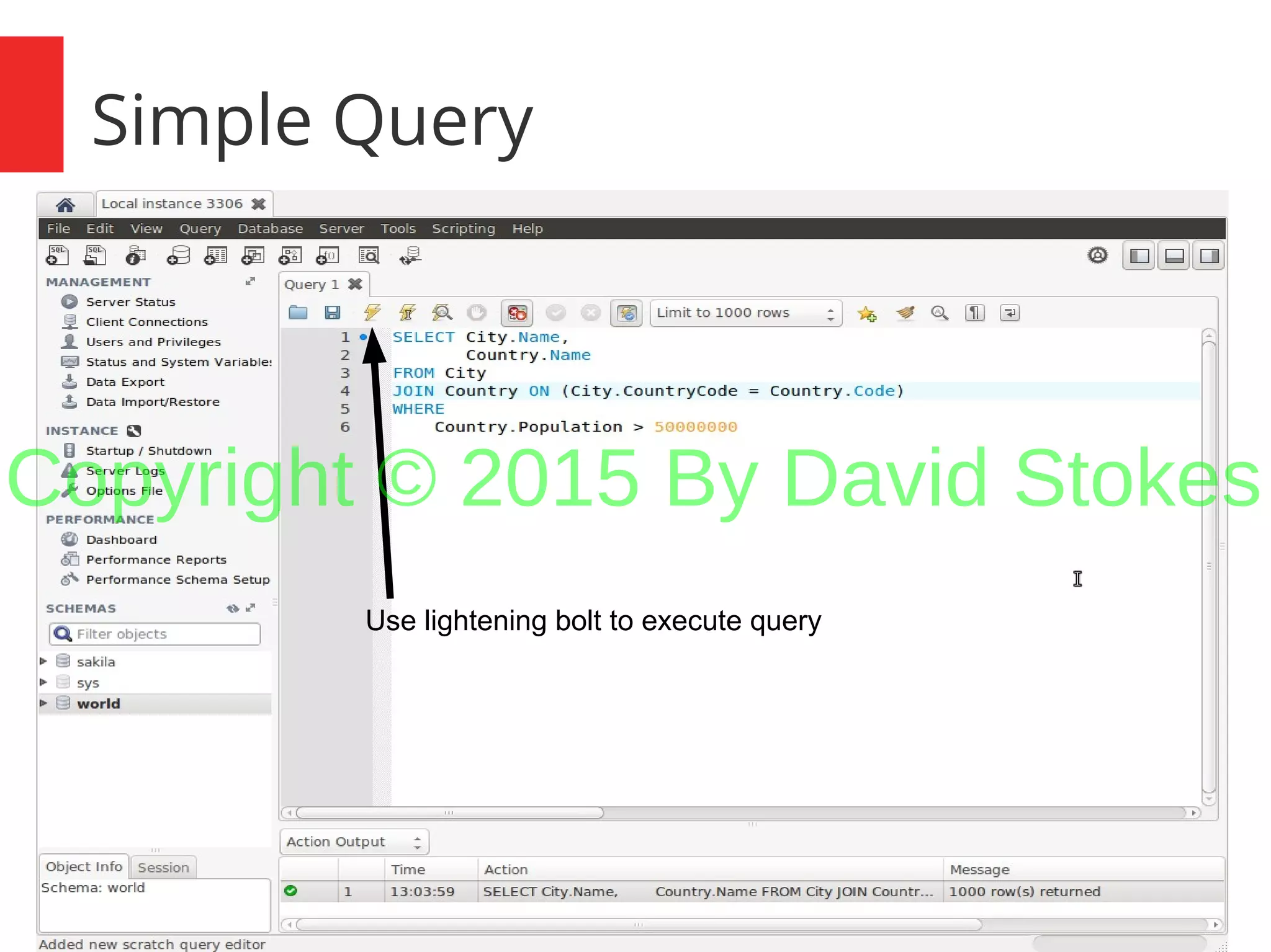 13 Simple Query Use lightening bolt to execute query Copyright © 2015 By David Stokes 