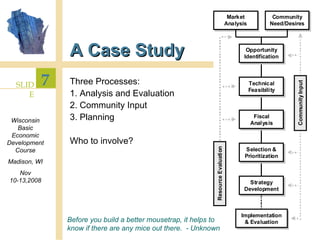 A Case Study Three Processes: 1. Analysis and Evaluation 2. Community Input 3. Planning Who to involve? Before you build a better mousetrap, it helps to know if there are any mice out there.  - Unknown 