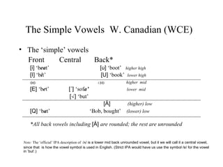 The Simple Vowels  W. Canadian (WCE)  The ‘simple’ vowels Front  Central  Back* [i]  ‘b ea t’  [u]  ‘boot’  higher high [I]  ‘b i t’  [U]  ‘book’  lower high ( [e] )  (  [o] )   higher  mid [E]  ‘b e t’  [´]  ‘sof a’  lower  mid [√]  ‘but’  [Å]  (higher) low [Q]  ‘b a t’  ‘B o b, b ou ght’  (lower) low   *All back vowels including  [Å]   are rounded; the rest are unrounded Note:  The ‘official’ IPA description of  /ʌ/ is a lower mid back unrounded vowel, but it we will call it a central vowel,  since that  is how the vowel symbol is used in English. (Strict IPA would have us use the symbol / ɐ/ for the vowel in ʼbutʼ.)  
