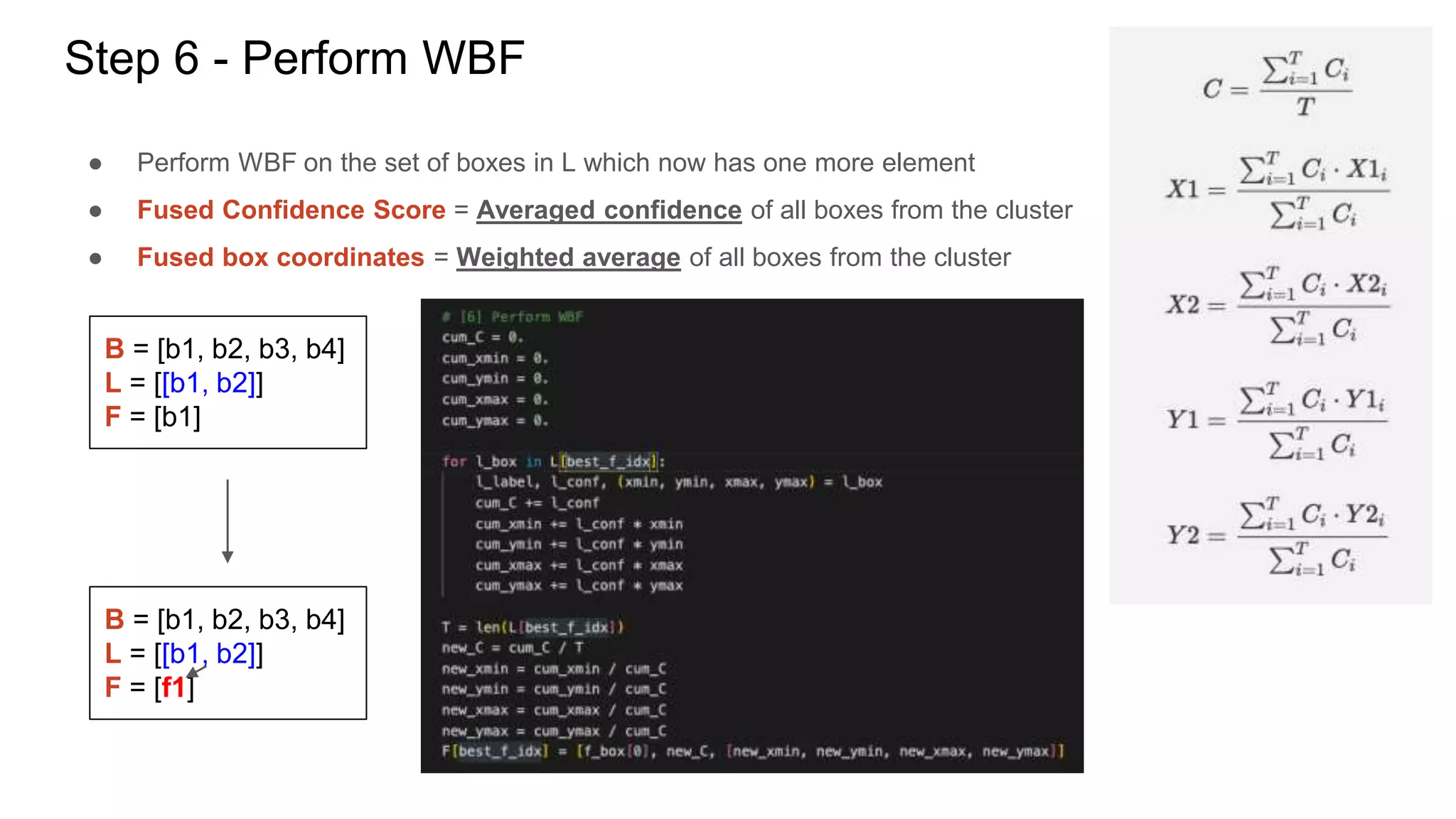 Step 6 - Perform WBF
● Perform WBF on the set of boxes in L which now has one more element
● Fused Confidence Score = Averaged confidence of all boxes from the cluster
● Fused box coordinates = Weighted average of all boxes from the cluster
B = [b1, b2, b3, b4]
L = [[b1, b2]]
F = [b1]
B = [b1, b2, b3, b4]
L = [[b1, b2]]
F = [f1]
 