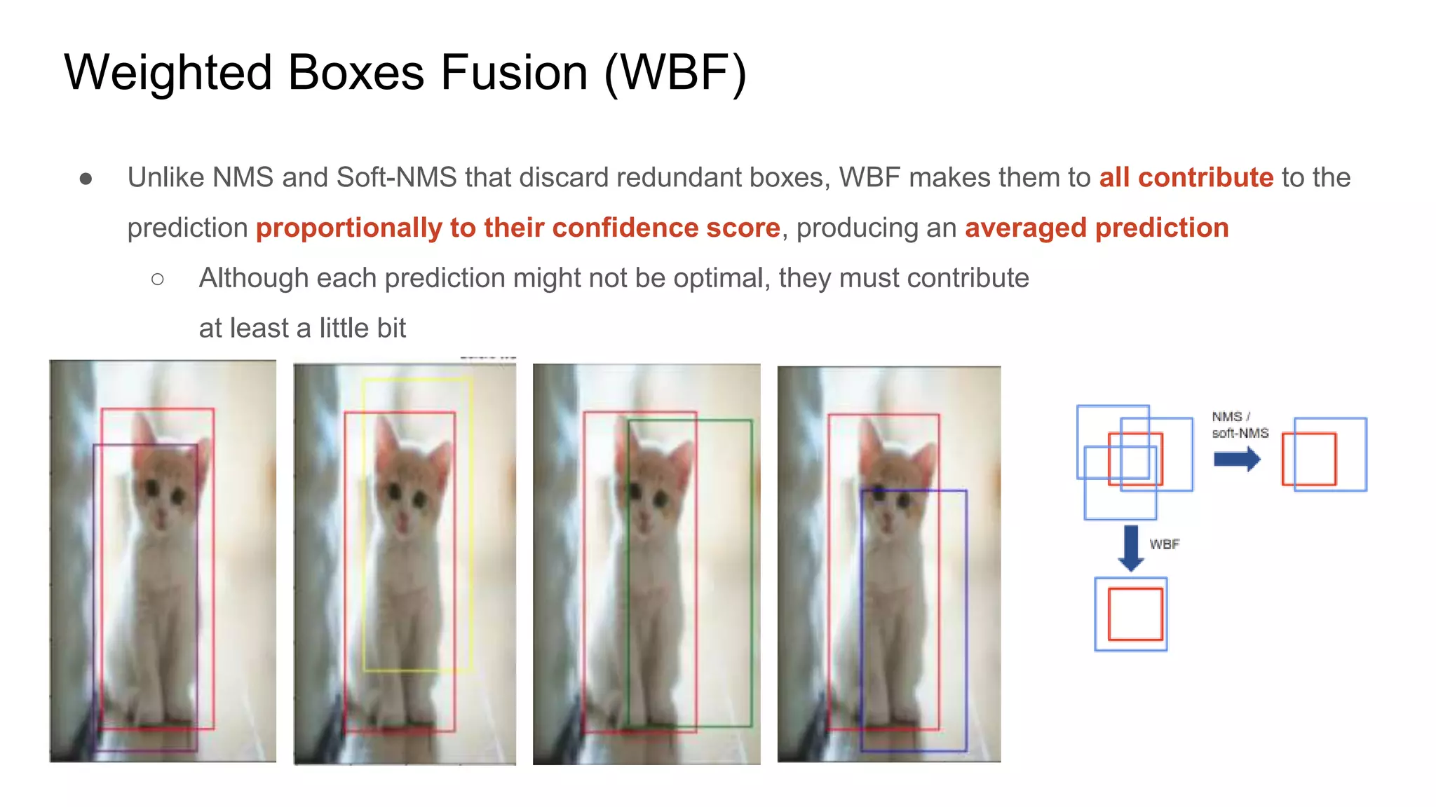 Weighted Boxes Fusion (WBF)
● Unlike NMS and Soft-NMS that discard redundant boxes, WBF makes them to all contribute to the
prediction proportionally to their confidence score, producing an averaged prediction
○ Although each prediction might not be optimal, they must contribute
at least a little bit
 