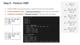 Step 6 - Perform WBF
● Perform WBF on the set of boxes in L which now has one more element
● Fused Confidence Score = Averaged confidence of all boxes from the cluster
● Fused box coordinates = Weighted average of all boxes from the cluster
B = [b1, b2, b3, b4]
L = [[b1, b2]]
F = [b1]
B = [b1, b2, b3, b4]
L = [[b1, b2]]
F = [f1]
 