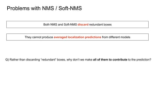 Problems with NMS / Soft-NMS
Both NMS and Soft-NMS discard redundant boxes
They cannot produce averaged localization predictions from different models
Q) Rather than discarding “redundant” boxes, why don’t we make all of them to contribute to the prediction?
 