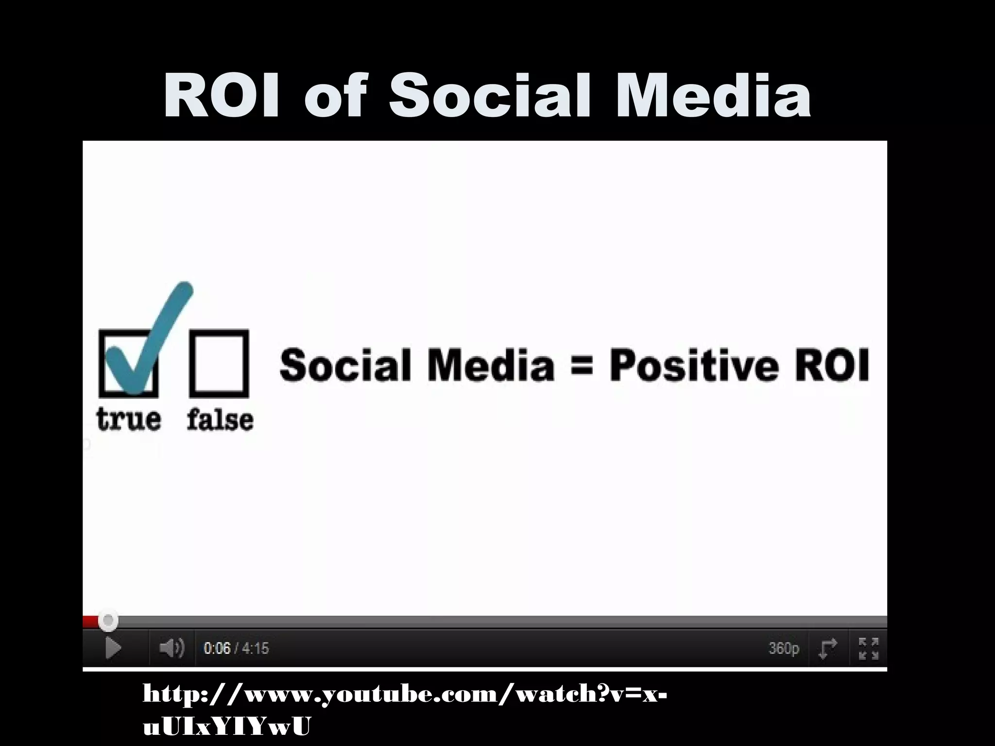 ROI of Social Media
http://www.youtube.com/watch?v=x-
uUIxYIYwU
 