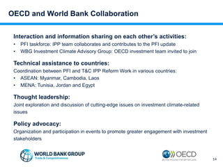 OECD and World Bank Collaboration
Interaction and information sharing on each other’s activities:
• PFI taskforce: IPP team collaborates and contributes to the PFI update
• WBG Investment Climate Advisory Group: OECD investment team invited to join
Technical assistance to countries:
Coordination between PFI and T&C IPP Reform Work in various countries:
• ASEAN: Myanmar, Cambodia, Laos
• MENA: Tunisia, Jordan and Egypt
Thought leadership:
Joint exploration and discussion of cutting-edge issues on investment climate-related
issues
Policy advocacy:
Organization and participation in events to promote greater engagement with investment
stakeholders
14
 