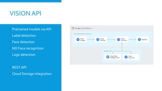 VISION API
 Pretrained models via API
 Label detection
 Face detection
 NO Face recognition
 Logo detection
 REST API
 Cloud Storage integration
 