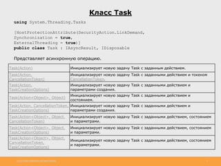 http://www.slideshare.net/IgorShkulipa 5
Класс Task
using System.Threading.Tasks
[HostProtectionAttribute(SecurityAction.LinkDemand,
Synchronization = true,
ExternalThreading = true)]
public class Task : IAsyncResult, IDisposable
Представляет асинхронную операцию.
Task(Action) Инициализирует новую задачу Task с заданным действием.
Task(Action,
CancellationToken)
Инициализирует новую задачу Task с заданными действием и токеном
CancellationToken.
Task(Action,
TaskCreationOptions)
Инициализирует новую задачу Task с заданными действием и
параметрами создания.
Task(Action<Object>, Object)
Инициализирует новую задачу Task с заданными действием и
состоянием.
Task(Action, CancellationToken,
TaskCreationOptions)
Инициализирует новую задачу Task с заданными действием и
параметрами создания.
Task(Action<Object>, Object,
CancellationToken)
Инициализирует новую задачу Task с заданными действием, состоянием
и параметрами.
Task(Action<Object>, Object,
TaskCreationOptions)
Инициализирует новую задачу Task с заданными действием, состоянием
и параметрами.
Task(Action<Object>, Object,
CancellationToken,
TaskCreationOptions)
Инициализирует новую задачу Task с заданными действием, состоянием
и параметрами.
 