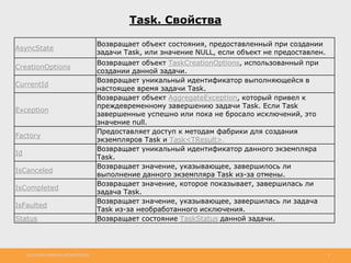 http://www.slideshare.net/IgorShkulipa 6
Task. Свойства
AsyncState
Возвращает объект состояния, предоставленный при создании
задачи Task, или значение NULL, если объект не предоставлен.
CreationOptions
Возвращает объект TaskCreationOptions, использованный при
создании данной задачи.
CurrentId
Возвращает уникальный идентификатор выполняющейся в
настоящее время задачи Task.
Exception
Возвращает объект AggregateException, который привел к
преждевременному завершению задачи Task. Если Task
завершенные успешно или пока не бросало исключений, это
значение null.
Factory
Предоставляет доступ к методам фабрики для создания
экземпляров Task и Task<TResult>.
Id
Возвращает уникальный идентификатор данного экземпляра
Task.
IsCanceled
Возвращает значение, указывающее, завершилось ли
выполнение данного экземпляра Task из-за отмены.
IsCompleted
Возвращает значение, которое показывает, завершилась ли
задача Task.
IsFaulted
Возвращает значение, указывающее, завершилась ли задача
Task из-за необработанного исключения.
Status Возвращает состояние TaskStatus данной задачи.
 