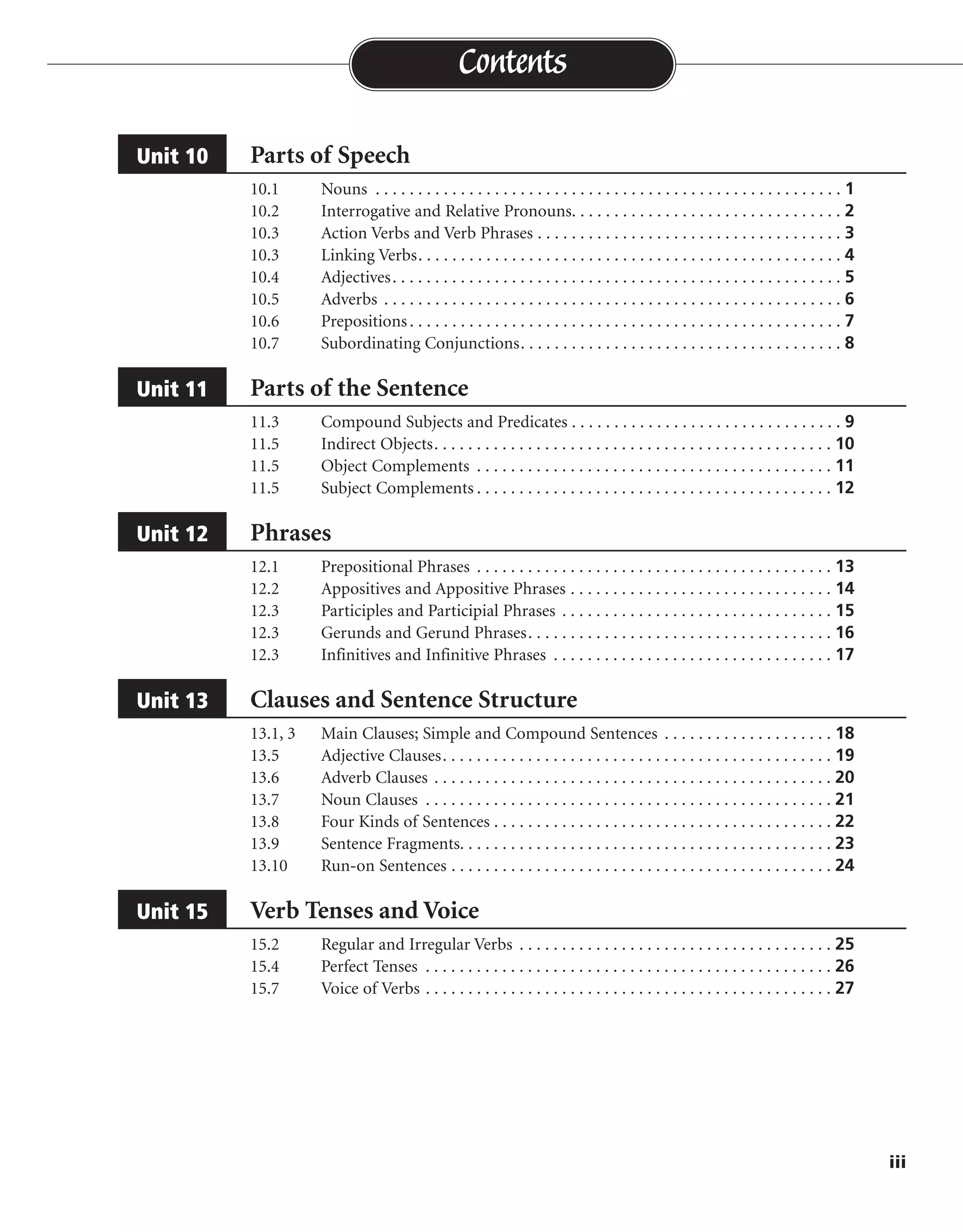 Parts of Speech
10.1 Nouns . . . . . . . . . . . . . . . . . . . . . . . . . . . . . . . . . . . . . . . . . . . . . . . . . . . . . . . 1
10.2 Interrogative and Relative Pronouns. . . . . . . . . . . . . . . . . . . . . . . . . . . . . . . . 2
10.3 Action Verbs and Verb Phrases . . . . . . . . . . . . . . . . . . . . . . . . . . . . . . . . . . . . 3
10.3 Linking Verbs. . . . . . . . . . . . . . . . . . . . . . . . . . . . . . . . . . . . . . . . . . . . . . . . . . 4
10.4 Adjectives. . . . . . . . . . . . . . . . . . . . . . . . . . . . . . . . . . . . . . . . . . . . . . . . . . . . . 5
10.5 Adverbs . . . . . . . . . . . . . . . . . . . . . . . . . . . . . . . . . . . . . . . . . . . . . . . . . . . . . . 6
10.6 Prepositions. . . . . . . . . . . . . . . . . . . . . . . . . . . . . . . . . . . . . . . . . . . . . . . . . . . 7
10.7 Subordinating Conjunctions. . . . . . . . . . . . . . . . . . . . . . . . . . . . . . . . . . . . . . 8
Parts of the Sentence
11.3 Compound Subjects and Predicates . . . . . . . . . . . . . . . . . . . . . . . . . . . . . . . . 9
11.5 Indirect Objects. . . . . . . . . . . . . . . . . . . . . . . . . . . . . . . . . . . . . . . . . . . . . . . 10
11.5 Object Complements . . . . . . . . . . . . . . . . . . . . . . . . . . . . . . . . . . . . . . . . . . 11
11.5 Subject Complements . . . . . . . . . . . . . . . . . . . . . . . . . . . . . . . . . . . . . . . . . . 12
Phrases
12.1 Prepositional Phrases . . . . . . . . . . . . . . . . . . . . . . . . . . . . . . . . . . . . . . . . . . 13
12.2 Appositives and Appositive Phrases . . . . . . . . . . . . . . . . . . . . . . . . . . . . . . . 14
12.3 Participles and Participial Phrases . . . . . . . . . . . . . . . . . . . . . . . . . . . . . . . . 15
12.3 Gerunds and Gerund Phrases. . . . . . . . . . . . . . . . . . . . . . . . . . . . . . . . . . . . 16
12.3 Infinitives and Infinitive Phrases . . . . . . . . . . . . . . . . . . . . . . . . . . . . . . . . . 17
Clauses and Sentence Structure
13.1, 3 Main Clauses; Simple and Compound Sentences . . . . . . . . . . . . . . . . . . . . 18
13.5 Adjective Clauses. . . . . . . . . . . . . . . . . . . . . . . . . . . . . . . . . . . . . . . . . . . . . . 19
13.6 Adverb Clauses . . . . . . . . . . . . . . . . . . . . . . . . . . . . . . . . . . . . . . . . . . . . . . . 20
13.7 Noun Clauses . . . . . . . . . . . . . . . . . . . . . . . . . . . . . . . . . . . . . . . . . . . . . . . . 21
13.8 Four Kinds of Sentences . . . . . . . . . . . . . . . . . . . . . . . . . . . . . . . . . . . . . . . . 22
13.9 Sentence Fragments. . . . . . . . . . . . . . . . . . . . . . . . . . . . . . . . . . . . . . . . . . . . 23
13.10 Run-on Sentences . . . . . . . . . . . . . . . . . . . . . . . . . . . . . . . . . . . . . . . . . . . . . 24
Verb Tenses and Voice
15.2 Regular and Irregular Verbs . . . . . . . . . . . . . . . . . . . . . . . . . . . . . . . . . . . . . 25
15.4 Perfect Tenses . . . . . . . . . . . . . . . . . . . . . . . . . . . . . . . . . . . . . . . . . . . . . . . . 26
15.7 Voice of Verbs . . . . . . . . . . . . . . . . . . . . . . . . . . . . . . . . . . . . . . . . . . . . . . . . 27
Unit 15
Unit 13
Unit 12
Unit 11
Unit 10
iii
Contents
 