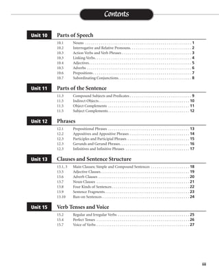 Parts of Speech
10.1 Nouns . . . . . . . . . . . . . . . . . . . . . . . . . . . . . . . . . . . . . . . . . . . . . . . . . . . . . . . 1
10.2 Interrogative and Relative Pronouns. . . . . . . . . . . . . . . . . . . . . . . . . . . . . . . . 2
10.3 Action Verbs and Verb Phrases . . . . . . . . . . . . . . . . . . . . . . . . . . . . . . . . . . . . 3
10.3 Linking Verbs. . . . . . . . . . . . . . . . . . . . . . . . . . . . . . . . . . . . . . . . . . . . . . . . . . 4
10.4 Adjectives. . . . . . . . . . . . . . . . . . . . . . . . . . . . . . . . . . . . . . . . . . . . . . . . . . . . . 5
10.5 Adverbs . . . . . . . . . . . . . . . . . . . . . . . . . . . . . . . . . . . . . . . . . . . . . . . . . . . . . . 6
10.6 Prepositions. . . . . . . . . . . . . . . . . . . . . . . . . . . . . . . . . . . . . . . . . . . . . . . . . . . 7
10.7 Subordinating Conjunctions. . . . . . . . . . . . . . . . . . . . . . . . . . . . . . . . . . . . . . 8
Parts of the Sentence
11.3 Compound Subjects and Predicates . . . . . . . . . . . . . . . . . . . . . . . . . . . . . . . . 9
11.5 Indirect Objects. . . . . . . . . . . . . . . . . . . . . . . . . . . . . . . . . . . . . . . . . . . . . . . 10
11.5 Object Complements . . . . . . . . . . . . . . . . . . . . . . . . . . . . . . . . . . . . . . . . . . 11
11.5 Subject Complements . . . . . . . . . . . . . . . . . . . . . . . . . . . . . . . . . . . . . . . . . . 12
Phrases
12.1 Prepositional Phrases . . . . . . . . . . . . . . . . . . . . . . . . . . . . . . . . . . . . . . . . . . 13
12.2 Appositives and Appositive Phrases . . . . . . . . . . . . . . . . . . . . . . . . . . . . . . . 14
12.3 Participles and Participial Phrases . . . . . . . . . . . . . . . . . . . . . . . . . . . . . . . . 15
12.3 Gerunds and Gerund Phrases. . . . . . . . . . . . . . . . . . . . . . . . . . . . . . . . . . . . 16
12.3 Infinitives and Infinitive Phrases . . . . . . . . . . . . . . . . . . . . . . . . . . . . . . . . . 17
Clauses and Sentence Structure
13.1, 3 Main Clauses; Simple and Compound Sentences . . . . . . . . . . . . . . . . . . . . 18
13.5 Adjective Clauses. . . . . . . . . . . . . . . . . . . . . . . . . . . . . . . . . . . . . . . . . . . . . . 19
13.6 Adverb Clauses . . . . . . . . . . . . . . . . . . . . . . . . . . . . . . . . . . . . . . . . . . . . . . . 20
13.7 Noun Clauses . . . . . . . . . . . . . . . . . . . . . . . . . . . . . . . . . . . . . . . . . . . . . . . . 21
13.8 Four Kinds of Sentences . . . . . . . . . . . . . . . . . . . . . . . . . . . . . . . . . . . . . . . . 22
13.9 Sentence Fragments. . . . . . . . . . . . . . . . . . . . . . . . . . . . . . . . . . . . . . . . . . . . 23
13.10 Run-on Sentences . . . . . . . . . . . . . . . . . . . . . . . . . . . . . . . . . . . . . . . . . . . . . 24
Verb Tenses and Voice
15.2 Regular and Irregular Verbs . . . . . . . . . . . . . . . . . . . . . . . . . . . . . . . . . . . . . 25
15.4 Perfect Tenses . . . . . . . . . . . . . . . . . . . . . . . . . . . . . . . . . . . . . . . . . . . . . . . . 26
15.7 Voice of Verbs . . . . . . . . . . . . . . . . . . . . . . . . . . . . . . . . . . . . . . . . . . . . . . . . 27
Unit 15
Unit 13
Unit 12
Unit 11
Unit 10
iii
Contents
 