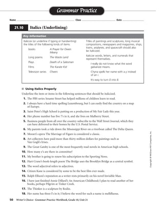 50 Writer’s Choice: Grammar Practice Workbook, Grade 10, Unit 21
s Using Italics Properly
Underline the item or items in the following sentences that should be italicized.
1. The PBS series Sesame Street has helped millions of children learn to read.
2. I always have a hard time spelling Luxembourg, but I can easily find the country on a map
of Europe.
3. Saint Peter’s High School is putting on a production of My Fair Lady this year.
4. Her phone number has five 7’s in it, and she lives on Mulberry Street.
5. Business people from all over the country subscribe to the Wall Street Journal, which they
can have delivered to their homes by the U.S. Postal Service.
6. My parents took a ride down the Mississippi River on a riverboat called The Delta Queen.
7. Mozart’s opera The Marriage of Figaro is considered a classic.
8. Art collectors have paid more than thirty million dollars for paintings such as
Van Gogh’s Irises.
9. The Great Gatsby is one of the most frequently read novels in American high schools.
10. How many e’s are there in committee?
11. My brother is going to renew his subscription to the Sporting News.
12. Hart Crane’s book-length poem The Bridge uses the Brooklyn Bridge as a central symbol.
13. The word adjectival refers to adjectives.
14. Citizen Kane is considered by some to be the best film ever made.
15. Ralph Ellison’s reputation as a writer rests primarily on his novel Invisible Man.
16. I have just finished Annie Dillard’s An American Childhood; I plan to read another of her
books, perhaps Pilgrim at Tinker Creek.
17. The Thinker is a sculpture by Rodin.
18. Her name has three l’s in it; I believe the word for such a name is mellifluous.
Name ...................................................................................... Class .................................................. Date ................................
Grammar Practice
21.10 Italics (Underlining)
Copyright©McGraw-HillCompanies,Inc.
Italicize (or underline if typing or handwriting)
the titles of the following kinds of items:
books A Prayer for Owen
Meany
Long poems The Waste Land
Plays Death of a Salesman
Films The Karate Kid
Television series Cheers
Titles of paintings and sculptures, long musical
compositions, newspapers and magazines, ships,
trains, airplanes, and spacecraft should also
be italicized.
Italicize words, letters, and numerals that
represent themselves.
I really do not know what the word
galvanize means.
Chyna spells her name with a y instead
of an i.
It’s easy to turn 0 into 8.
Key Information
 
