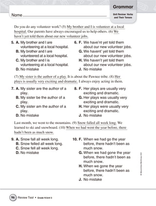 ©Macmillan/McGraw-Hill
Grammar
Name
Do you do any volunteer work? (5) My brother and I is volunteer at a local
hospital. Our parents have always encouraged us to help others. (6) We
havn’t yet told them about our new volunteer jobs.
5. A. My brother and I are
volunteering at a local hospital.
B. My brother and I are
volunteered at a local hospital.
C. My brother and I is
volunteering at a local hospital.
D. No mistake
6. F. We have’nt yet told them
about our new volunteer jobs.
G. We havent’ yet told them
about our new volunteer jobs.
H. We haven’t yet told them
about our new volunteer jobs.
J. No mistake
(7) My sister is the author of a play. It is about the Pawnee tribe. (8) Her
plays is usually very exciting and dramatic. I always enjoy acting in them.
7. A. My sister are the author of a
play.
B. My sister be the author of a
play.
C. My sister am the author of a
play.
D. No mistake
8. F. Her plays are usually very
exciting and dramatic.
G. Her plays was usually very
exciting and dramatic.
H. Her plays were usually very
exciting and dramatic.
J. No mistake
Last month, we went to the mountains. (9) Snow falled all week long. We
learned to ski and snowboard. (10) When we had went the year before, there
hadn’t been as much snow.
9. A. Snow fall all week long.
B. Snow felled all week long.
C. Snow fell all week long.
D. No mistake
10. F. When we had go the year
before, there hadn’t been as
much snow.
G. When we had gone the year
before, there hadn’t been as
much snow.
H. When we gone the year
before, there hadn’t been as
much snow.
J. No mistake
Unit Review: Verbs
and Their Tenses
Review Test • Grade 4/Unit 396
 