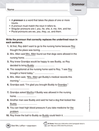 ©Macmillan/McGraw-Hill
Grammar
Name Pronouns
• A pronoun is a word that takes the place of one or more
nouns.
• A pronoun must match the noun it refers to.
• Singular pronouns are I, you, he, she, it, me, him, and her.
• Plural pronouns are we, you, they, us, and them.
Write the pronoun that correctly replaces the underlined noun in
each sentence.
1. At first, Roy didn’t want to go to the nursing home because Roy
thought the place was boring.
2. Mrs. Allen said Mrs. Allen found out that dogs were allowed in the
nursing home.
3. Roy knew Grandpa would be happy to see Buddy, so Roy
decided to bring Buddy.
4. The receptionist at the nursing home said to Roy, “I see Roy
brought a friend today.”
5. Mrs. Allen said, “Mrs. Allen got Buddy’s medical records this
morning.”
6. Grandpa said, “I’m glad you brought Buddy to Grandpa.”
7. Grandpa asked Martha if Buddy was allowed in the nursing
home.
8. Another man saw Buddy and said he had a dog that looked like
Buddy.
9. You can treat high blood pressure if you take medicine for the
problem.
10. Roy threw the ball to Buddy so Buddy could fetch it.
Dear Mrs. LaRue • Grade 4/Unit 498
At Home: Have your child write a short paragraph about a
pet. Help your child circle the pronouns.
 