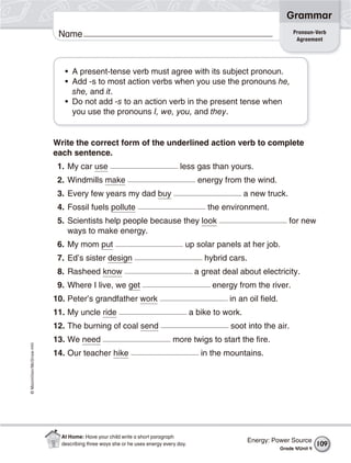 ©Macmillan/McGraw-Hill
Grammar
Name Pronoun-Verb
Agreement
• A present-tense verb must agree with its subject pronoun.
• Add -s to most action verbs when you use the pronouns he,
she, and it.
• Do not add -s to an action verb in the present tense when
you use the pronouns I, we, you, and they.
Write the correct form of the underlined action verb to complete
each sentence.
1. My car use less gas than yours.
2. Windmills make energy from the wind.
3. Every few years my dad buy a new truck.
4. Fossil fuels pollute the environment.
5. Scientists help people because they look for new
ways to make energy.
6. My mom put up solar panels at her job.
7. Ed’s sister design hybrid cars.
8. Rasheed know a great deal about electricity.
9. Where I live, we get energy from the river.
10. Peter’s grandfather work in an oil field.
11. My uncle ride a bike to work.
12. The burning of coal send soot into the air.
13. We need more twigs to start the fire.
14. Our teacher hike in the mountains.
Energy: Power Source
Grade 4/Unit 4
109
At Home: Have your child write a short paragraph
describing three ways she or he uses energy every day.
 