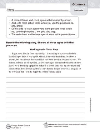 ©Macmillan/McGraw-Hill
Grammar
Name Proofreading
• A present-tense verb must agree with its subject pronoun.
• Add –s to most action verbs when you use the pronouns he,
she, and it.
• Do not add –s to an action verb in the present tense when
you use the pronouns I, we, you, and they.
• The verbs have and be have special forms in the present tense.
Rewrite the following story. Be sure all verbs agree with their
pronouns.
Working on the North Slope
Right now, I is far from my family. I is working in a place called the
North Slope. That is way up in Alaska. I has only been here for about a
month, but my friends Steve and Rob has been here for about two years. We
is here to build an oil pipeline. A few years ago, they found oil north of here.
Now, we is building a pipeline. When it is done, they will be able to put the
oil on ships. It will be at least two years before the job are over. I am glad to
be working, but I will be happy to see my family again.
Energy: Power Source
Grade 4/Unit 4
112
At Home: Ask your child to ﬁnd three sentences in the story
where a contraction is possible.
 