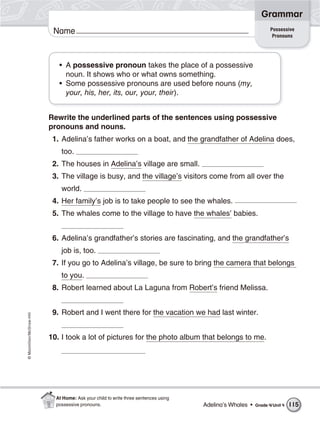 ©Macmillan/McGraw-Hill
Grammar
Name
• A possessive pronoun takes the place of a possessive
noun. It shows who or what owns something.
• Some possessive pronouns are used before nouns (my,
your, his, her, its, our, your, their).
Rewrite the underlined parts of the sentences using possessive
pronouns and nouns.
1. Adelina’s father works on a boat, and the grandfather of Adelina does,
too.
2. The houses in Adelina’s village are small.
3. The village is busy, and the village’s visitors come from all over the
world.
4. Her family’s job is to take people to see the whales.
5. The whales come to the village to have the whales’ babies.
6. Adelina’s grandfather’s stories are fascinating, and the grandfather’s
job is, too.
7. If you go to Adelina’s village, be sure to bring the camera that belongs
to you.
8. Robert learned about La Laguna from Robert’s friend Melissa.
9. Robert and I went there for the vacation we had last winter.
10. I took a lot of pictures for the photo album that belongs to me.
Possessive
Pronouns
Adelina’s Whales • Grade 4/Unit 4 115
At Home: Ask your child to write three sentences using
possessive pronouns.
 