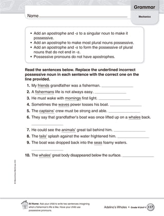 ©Macmillan/McGraw-Hill
Grammar
Name Mechanics
• Add an apostrophe and -s to a singular noun to make it
possessive.
• Add an apostrophe to make most plural nouns possessive.
• Add an apostrophe and -s to form the possessive of plural
nouns that do not end in -s.
• Possessive pronouns do not have apostrophes.
Read the sentences below. Replace the underlined incorrect
possessive noun in each sentence with the correct one on the
line provided.
1. My friends grandfather was a fisherman.
2. A fishermans life is not always easy.
3. He must wake with mornings first light.
4. Sometimes the waves power tosses his boat.
5. The captains’ crew must be strong and able.
6. They say that grandfather’s boat was once lifted up on a whales back.
7. He could see the animals’ great tail behind him.
8. The tails’ splash against the water frightened him.
9. The boat was dropped back into the seas foamy waters.
10. The whales’ great body disappeared below the surface.
Adelina’s Whales • Grade 4/Unit 4 117
At Home: Ask your child to write two sentences imagining
what a ﬁsherman’s life is like. Have your child use
possessive pronouns.
 