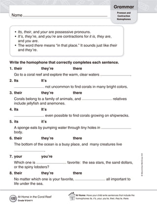 ©Macmillan/McGraw-Hill
Grammar
Name
Pronoun and
Contraction
Homophones
• Its, their, and your are possessive pronouns.
• It’s, they’re, and you’re are contractions for it is, they are,
and you are.
• The word there means “in that place.” It sounds just like their
and they’re.
Write the homophone that correctly completes each sentence.
1. their they’re there
Go to a coral reef and explore the warm, clear waters .
2. Its It’s
not uncommon to find corals in many bright colors.
3. their they’re there
Corals belong to a family of animals, and relatives
include jellyfish and anemones.
4. Its It’s
even possible to find corals growing on shipwrecks.
5. its it’s
A sponge eats by pumping water through tiny holes in
body.
6. their they’re there
The bottom of the ocean is a busy place, and many creatures live
.
7. your you’re
Which one is favorite: the sea stars, the sand dollars,
or the spiny lobsters?
8. their they’re there
No matter which one is your favorite, all important to
life under the sea.
At Home in the Coral Reef
Grade 4/Unit 4
122
At Home: Have your child write sentences that include the
homophones its, it’s, your, you’re, their, they’re, there.
 